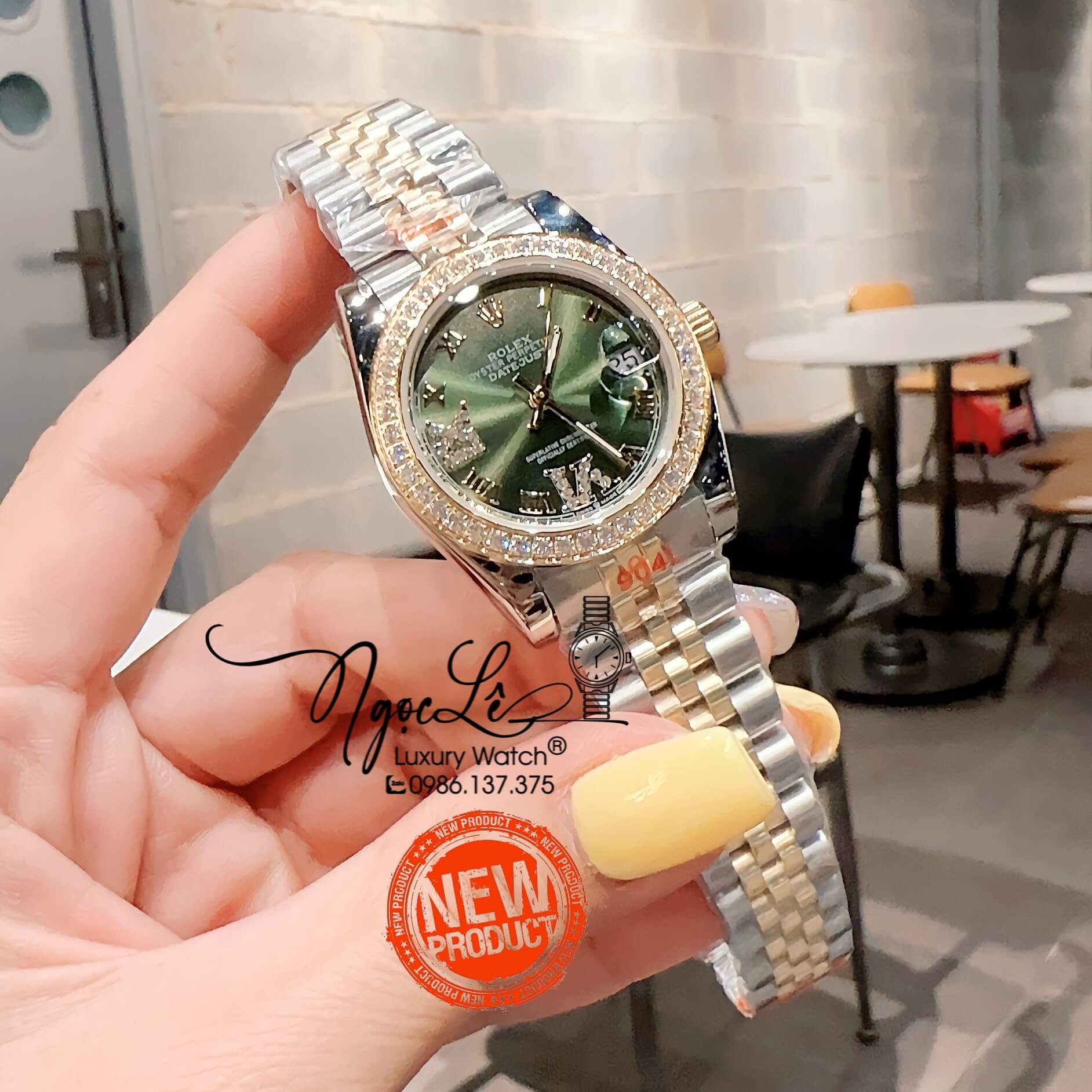 Đồng Hồ Nữ Rolex Datejust Pin Màu Demi Vàng Mặt Xanh Rêu Đính Đá Size 32mm