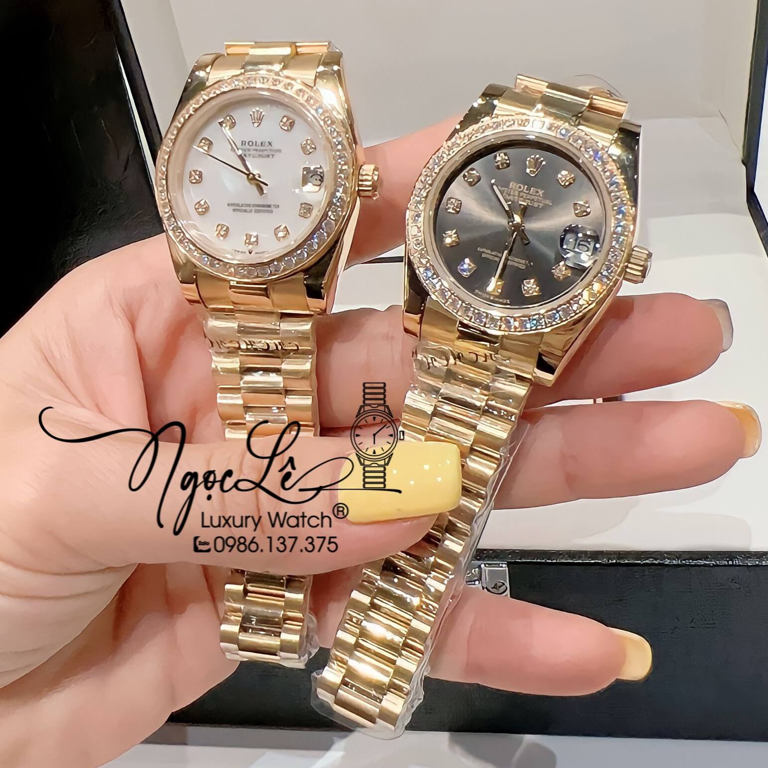 Đồng Hồ Nữ Rolex Datejust Pin Màu Vàng Mặt Đen Đính Đá Size 32mm