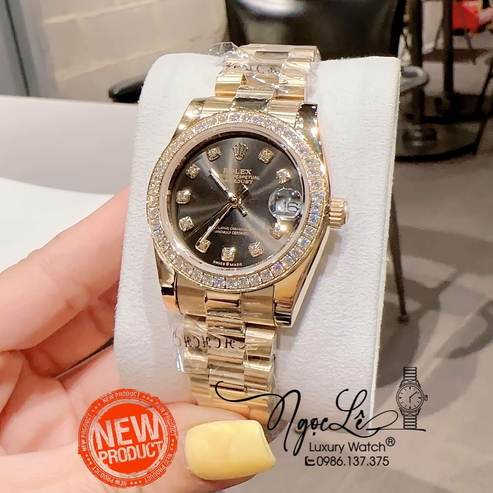 Đồng Hồ Nữ Rolex Datejust Pin Màu Vàng Mặt Đen Đính Đá Size 32mm