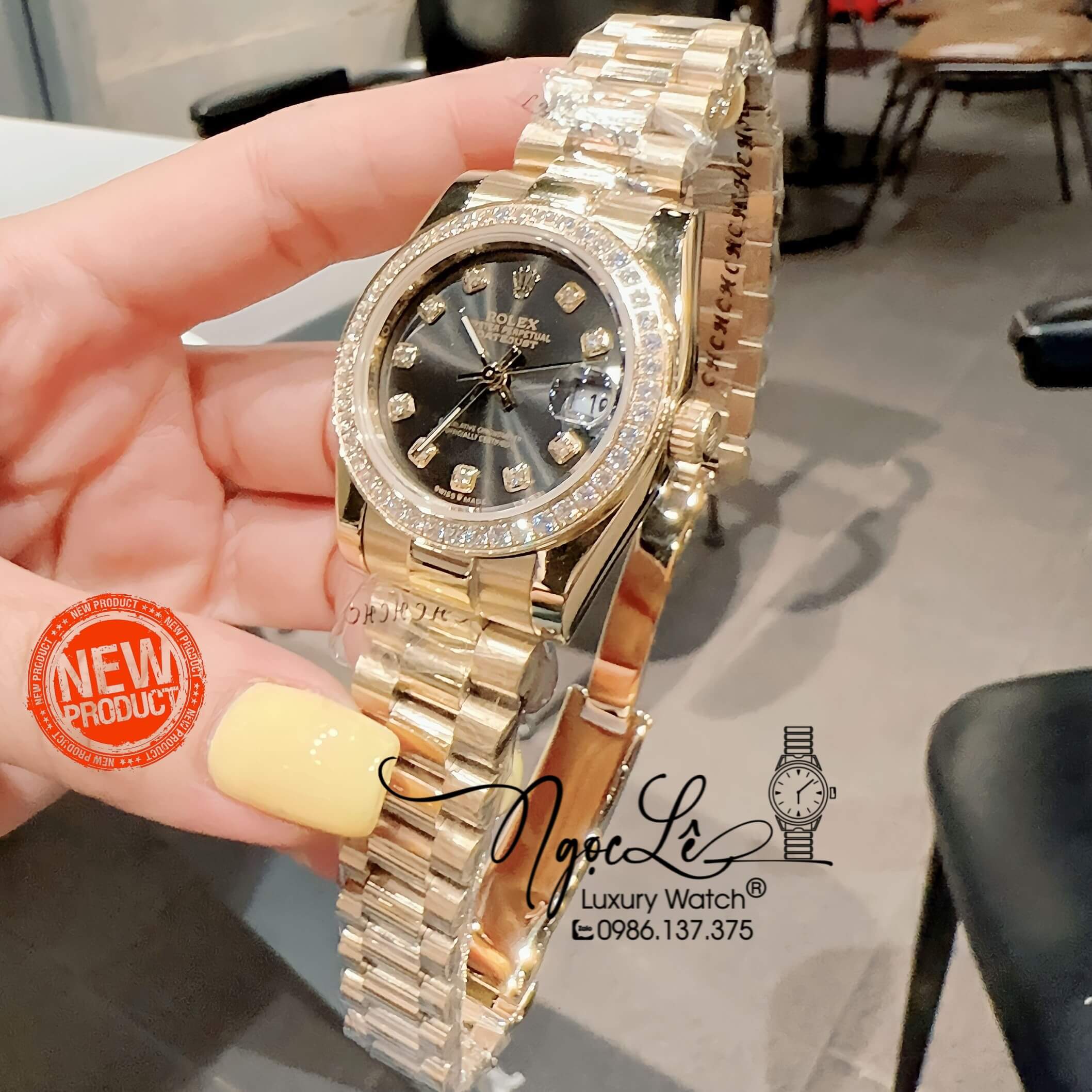 Đồng Hồ Nữ Rolex Datejust Pin Màu Vàng Mặt Đen Đính Đá Size 32mm