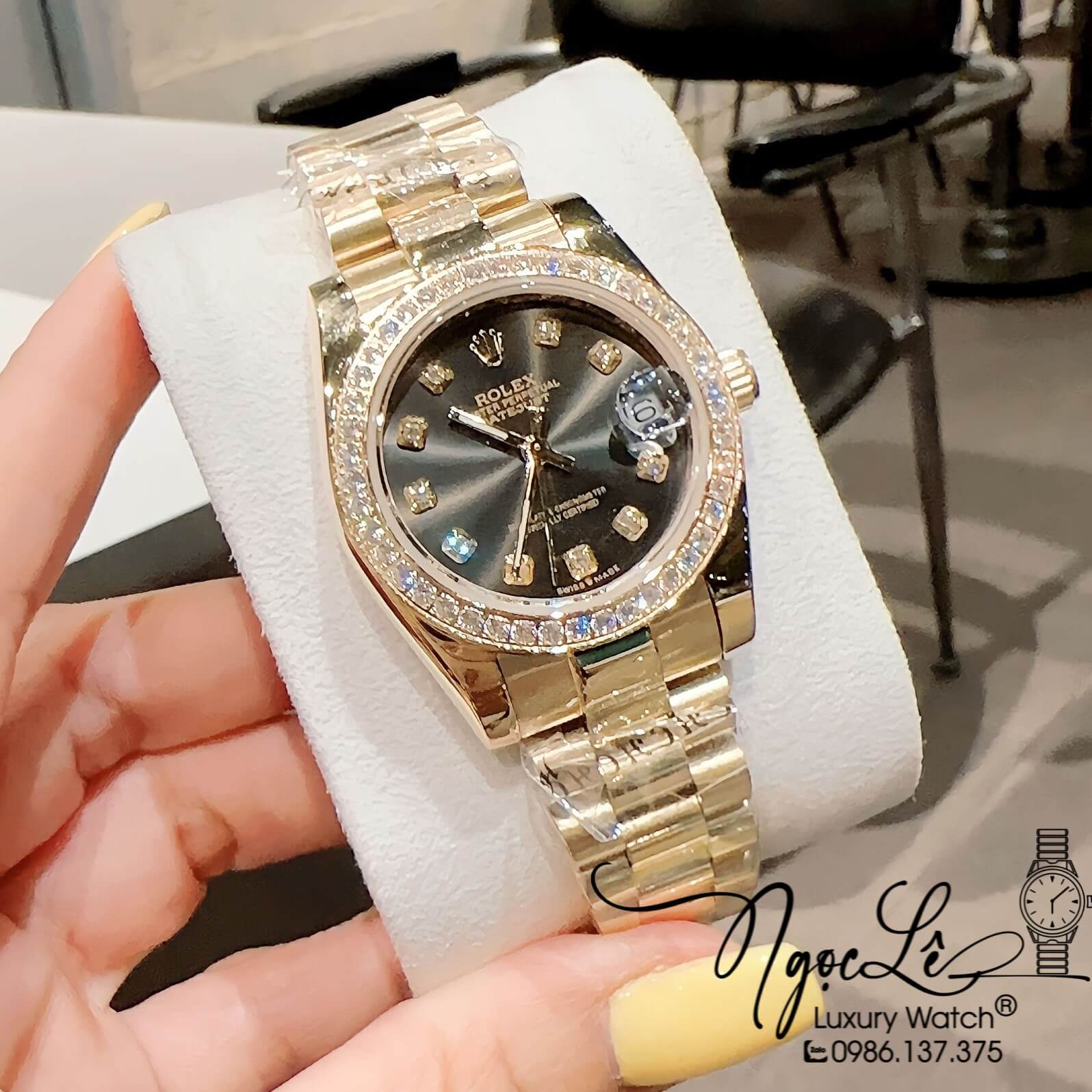 Đồng Hồ Nữ Rolex Datejust Pin Màu Vàng Mặt Đen Đính Đá Size 32mm