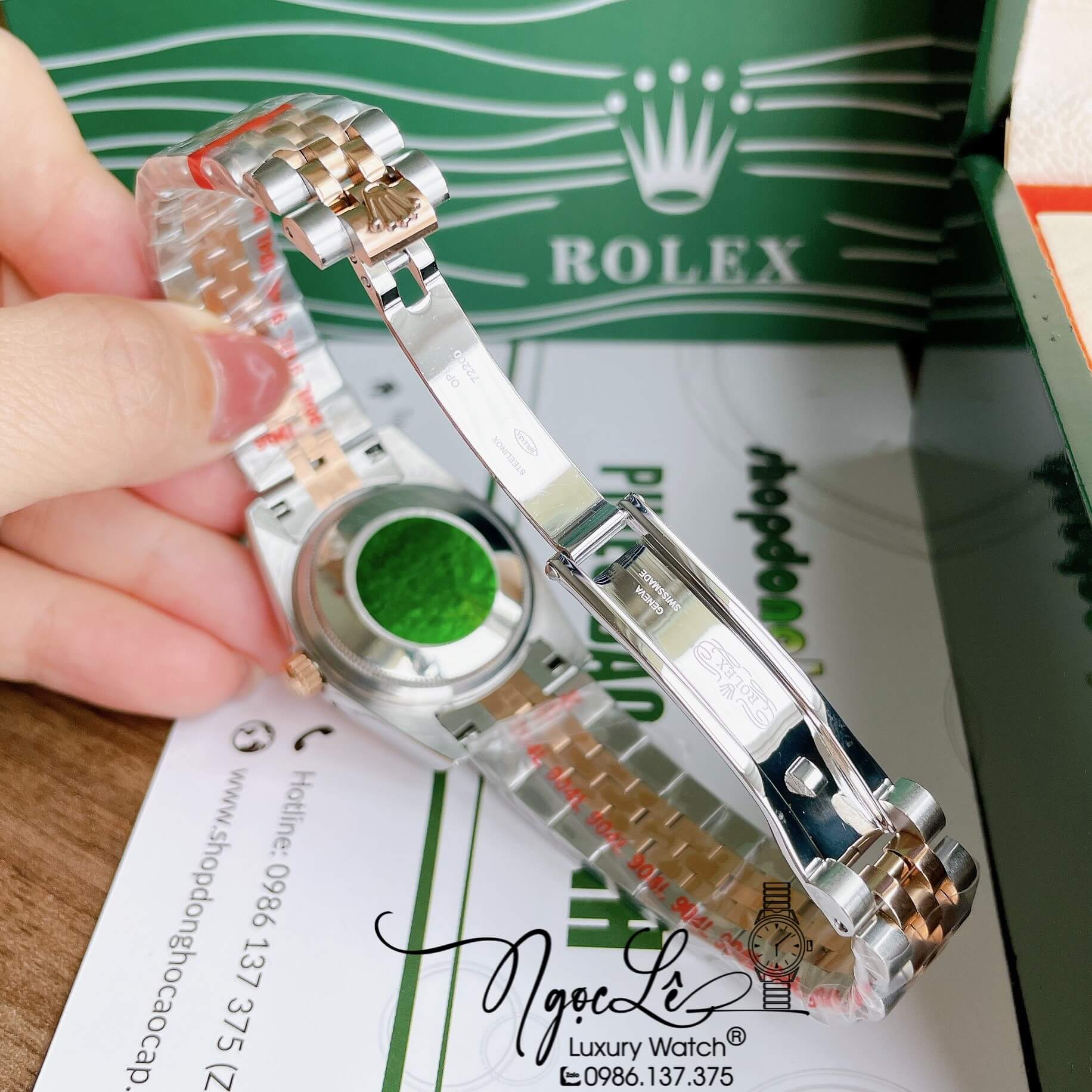 Đồng Hồ Nữ Rolex Datejust Pin Màu Demi Rose Mặt Trắng Xà Cừ Khía Size 32mm