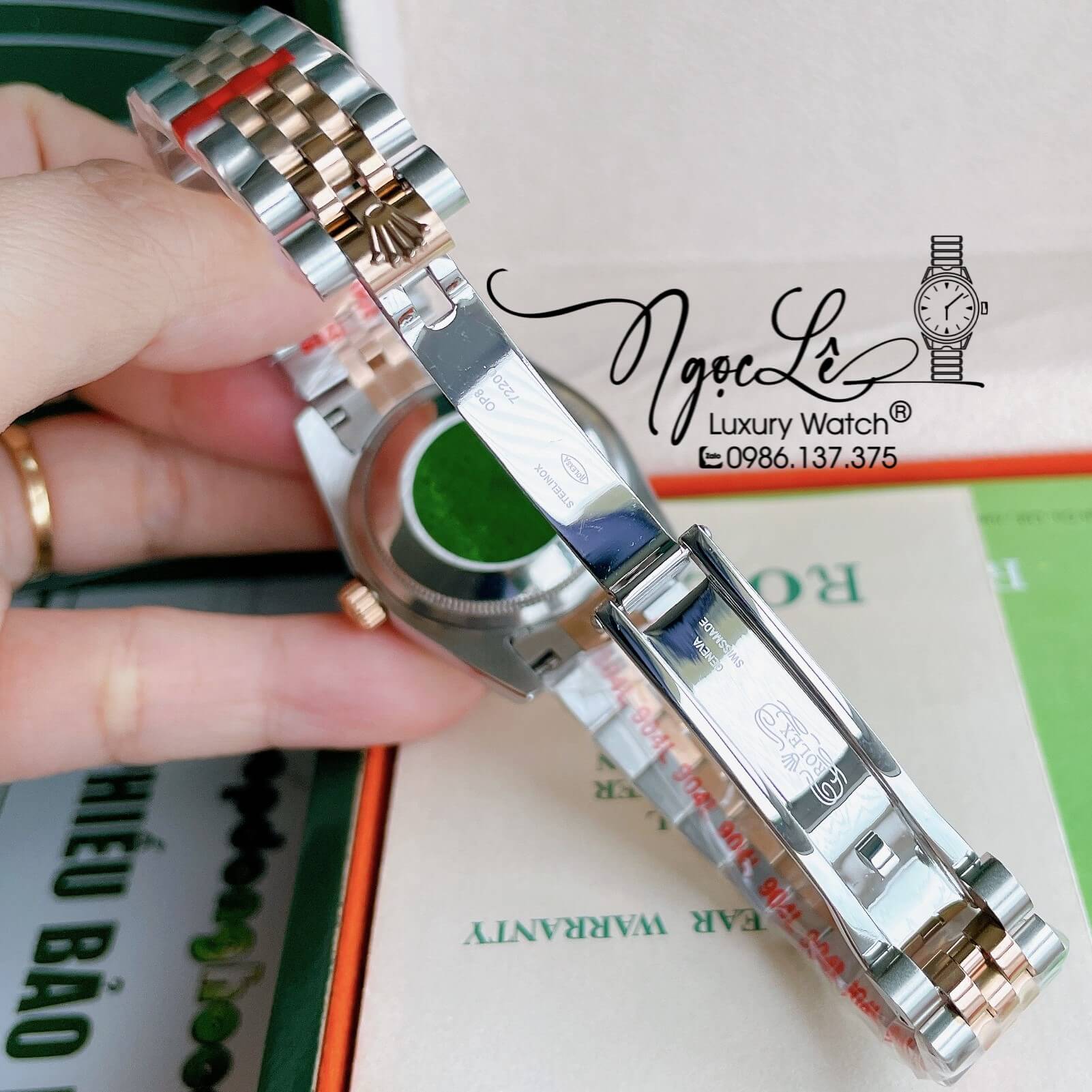 Đồng Hồ Nữ Rolex Datejust Pin Màu Demi Rose Mặt Trắng Xà Cừ Khía Size 32mm