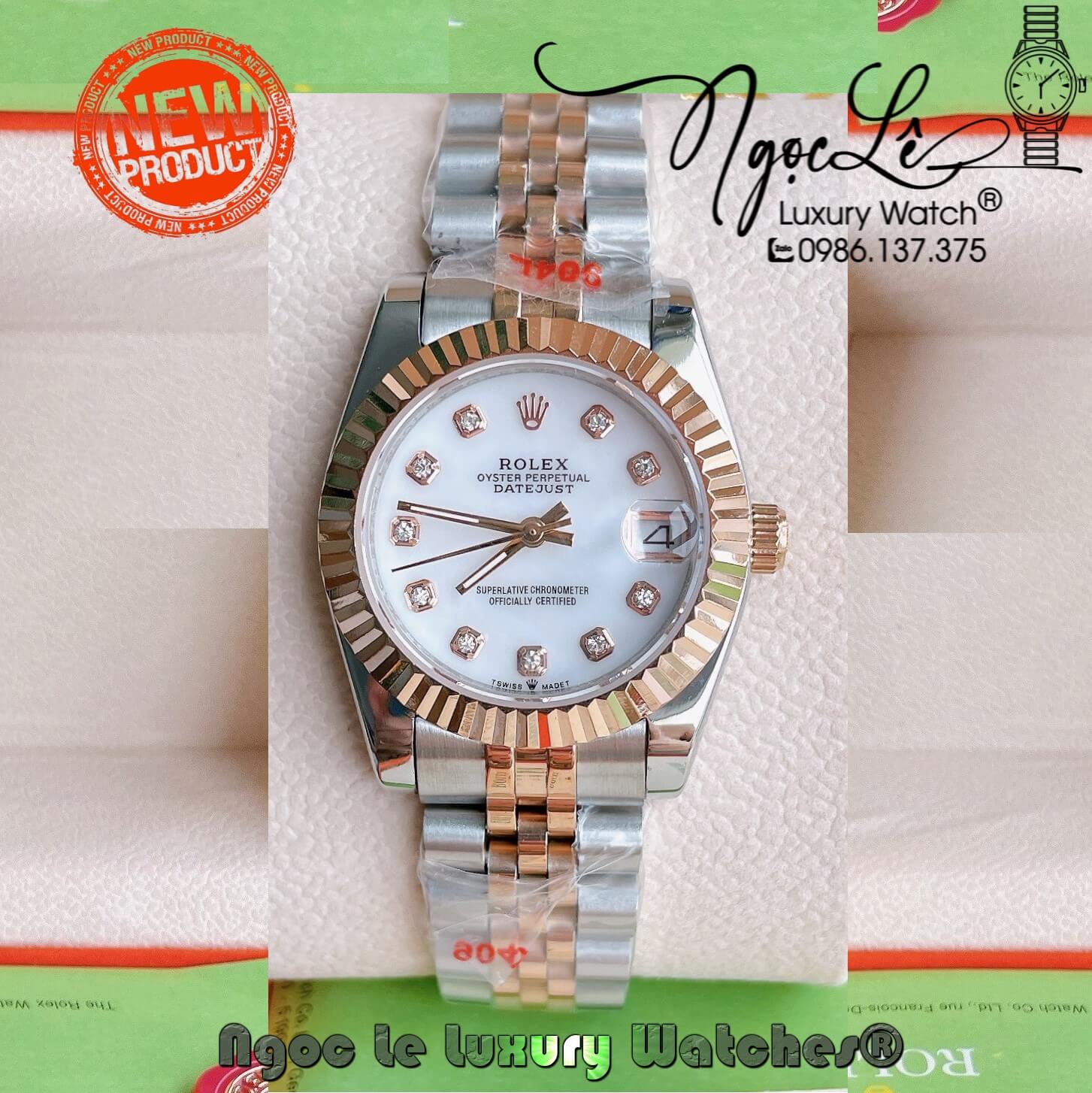 Đồng Hồ Nữ Rolex Datejust Pin Màu Demi Rose Mặt Trắng Xà Cừ Khía Size 32mm