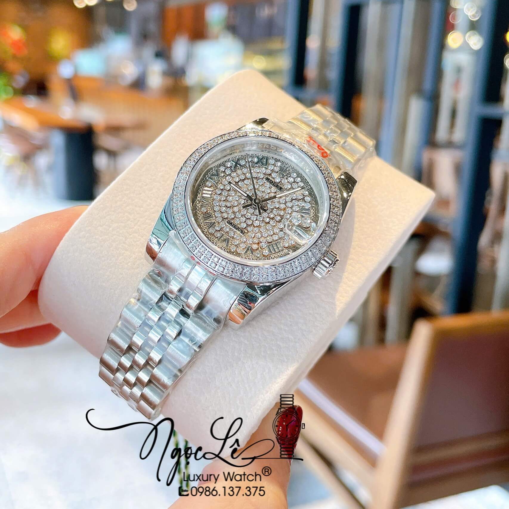 Đồng Hồ Rolex Datejust Nữ Máy Pin Dây Kim Loại Màu Bạc Đính Đá Size 31mm