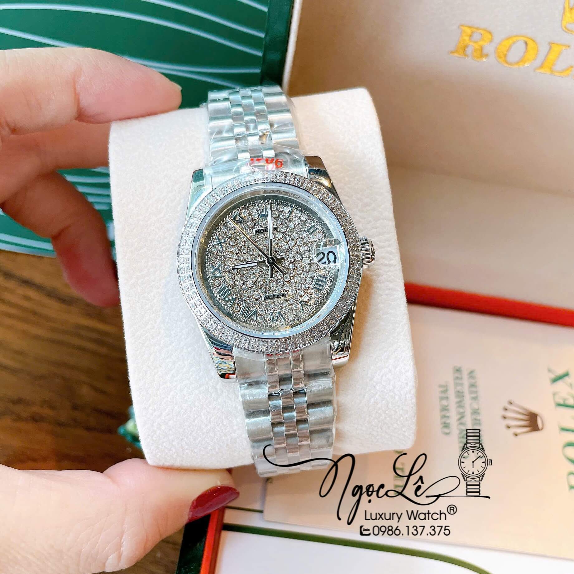 Đồng Hồ Rolex Datejust Nữ Máy Pin Dây Kim Loại Màu Bạc Đính Đá Size 31mm