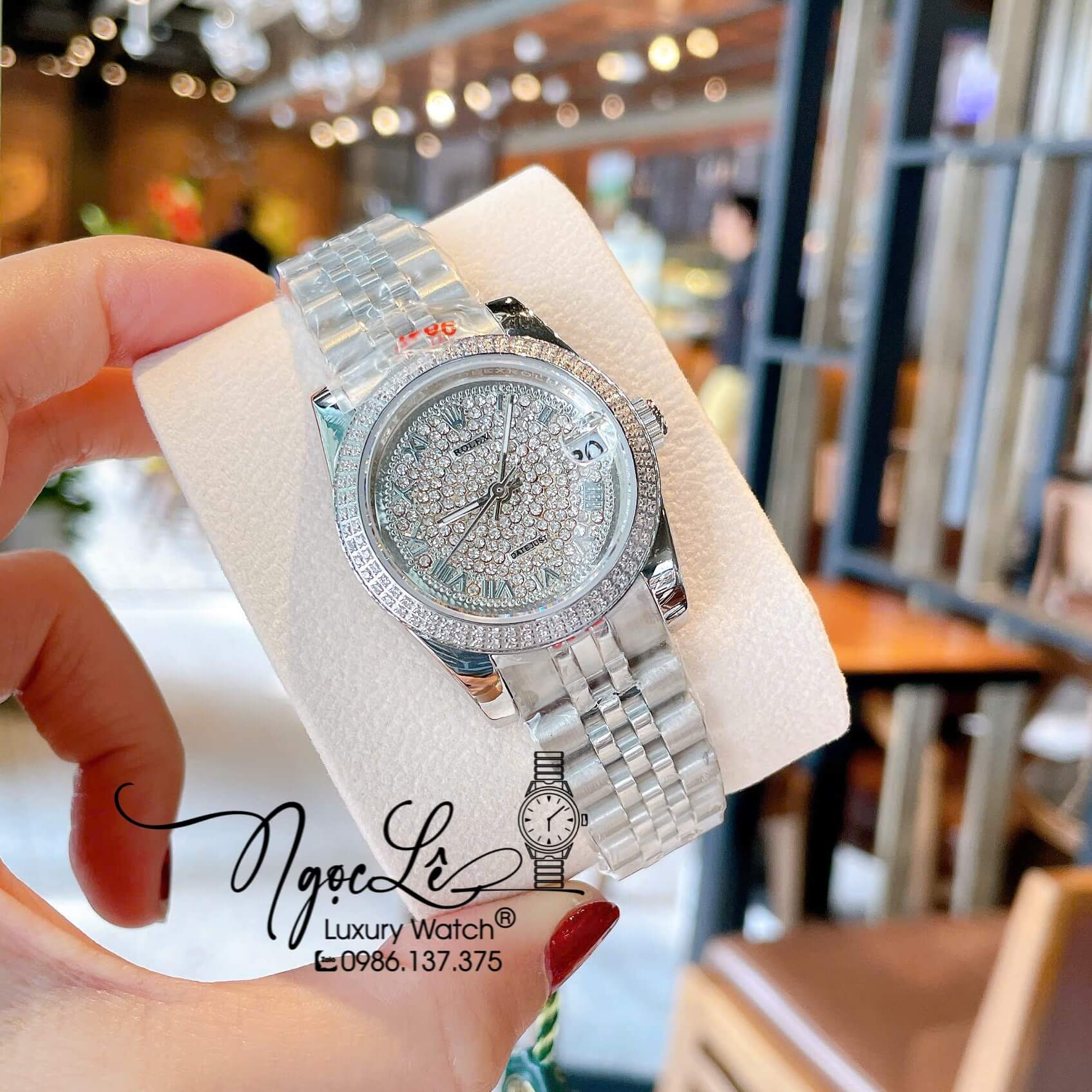 Đồng Hồ Rolex Datejust Nữ Máy Pin Dây Kim Loại Màu Bạc Đính Đá Size 31mm