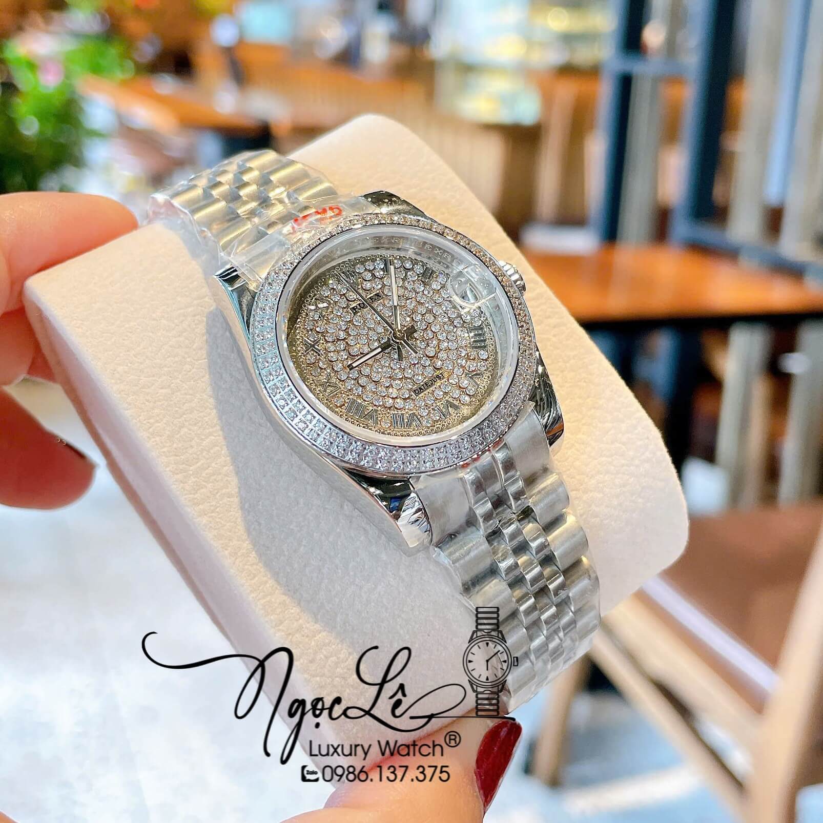 Đồng Hồ Rolex Datejust Nữ Máy Pin Dây Kim Loại Màu Bạc Đính Đá Size 31mm