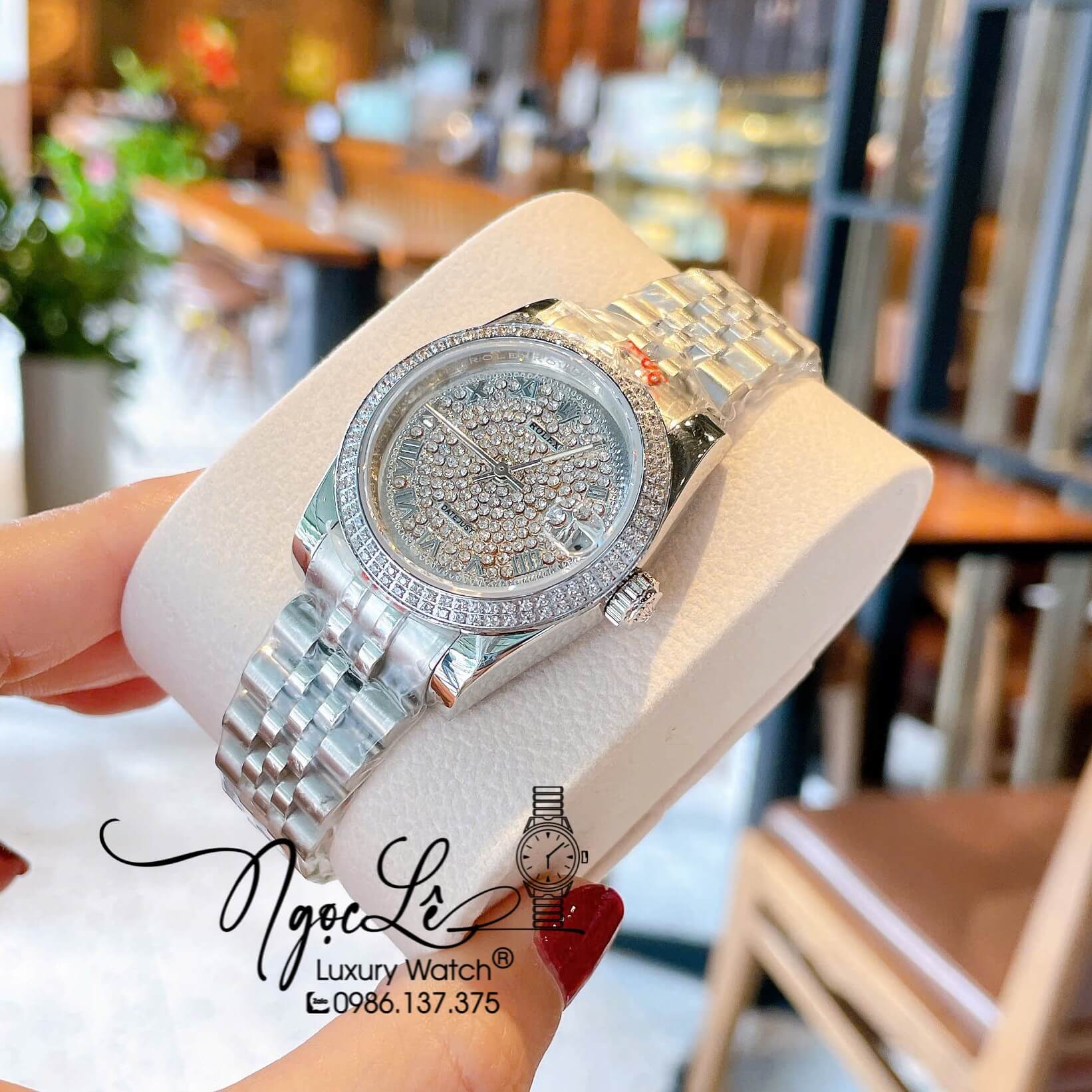 Đồng Hồ Rolex Datejust Nữ Máy Pin Dây Kim Loại Màu Bạc Đính Đá Size 31mm
