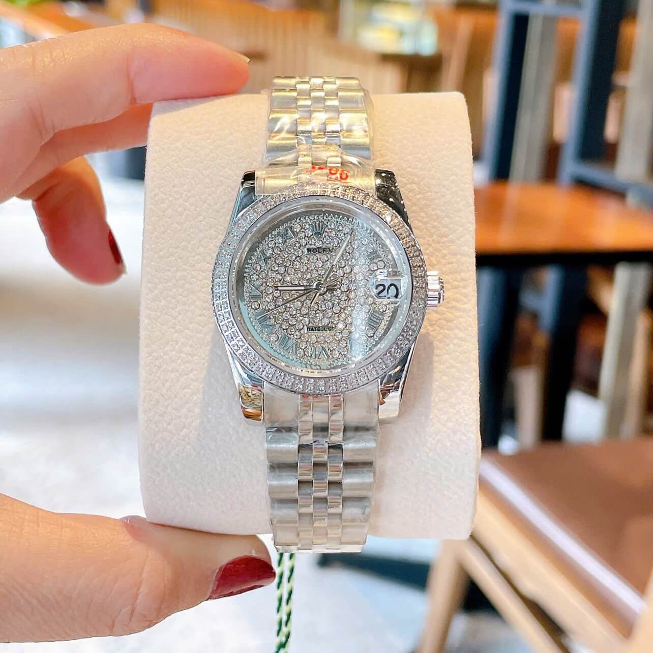 Đồng Hồ Rolex Datejust Nữ Máy Pin Dây Kim Loại Màu Bạc Đính Đá Size 31mm