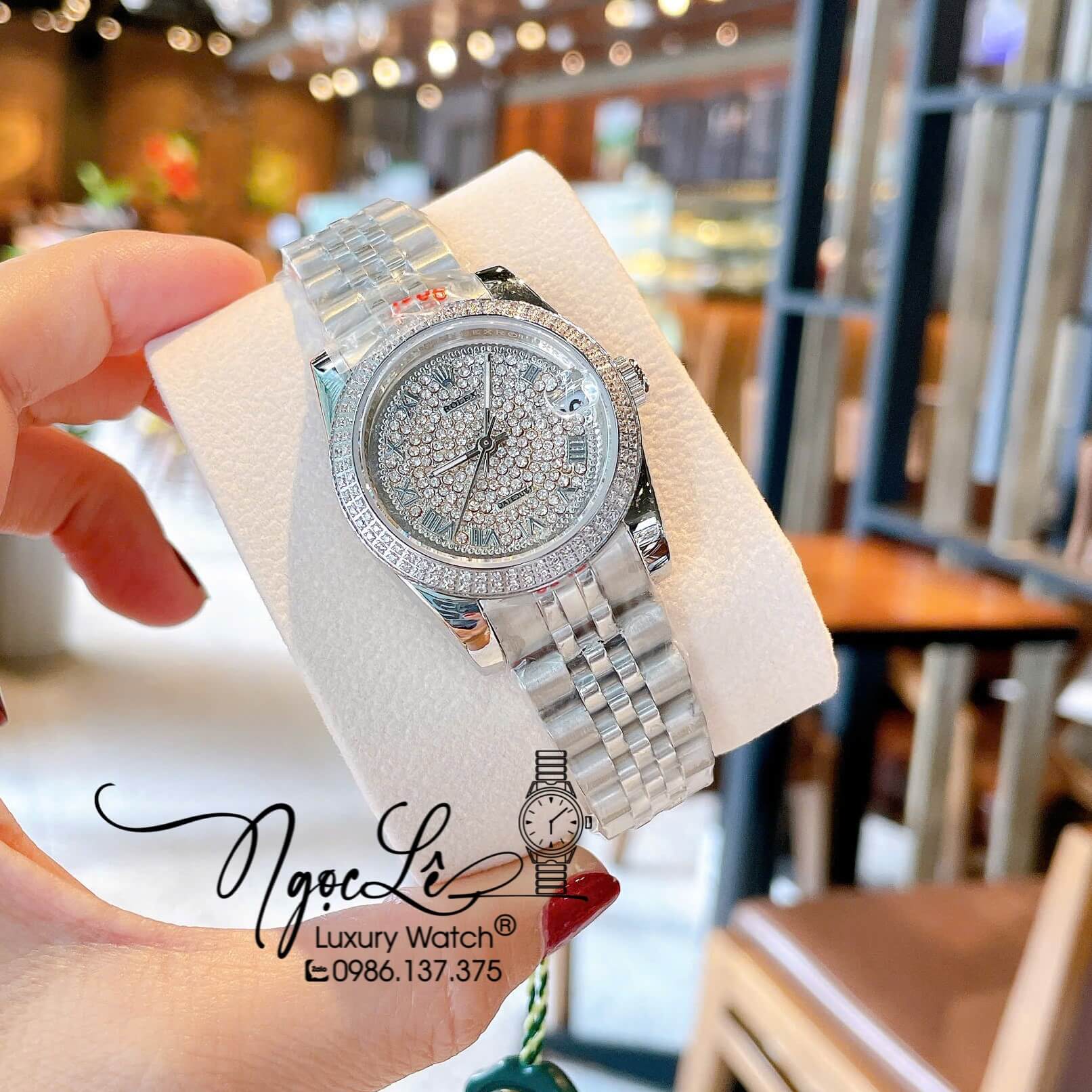 Đồng Hồ Rolex Datejust Nữ Máy Pin Dây Kim Loại Màu Bạc Đính Đá Size 31mm