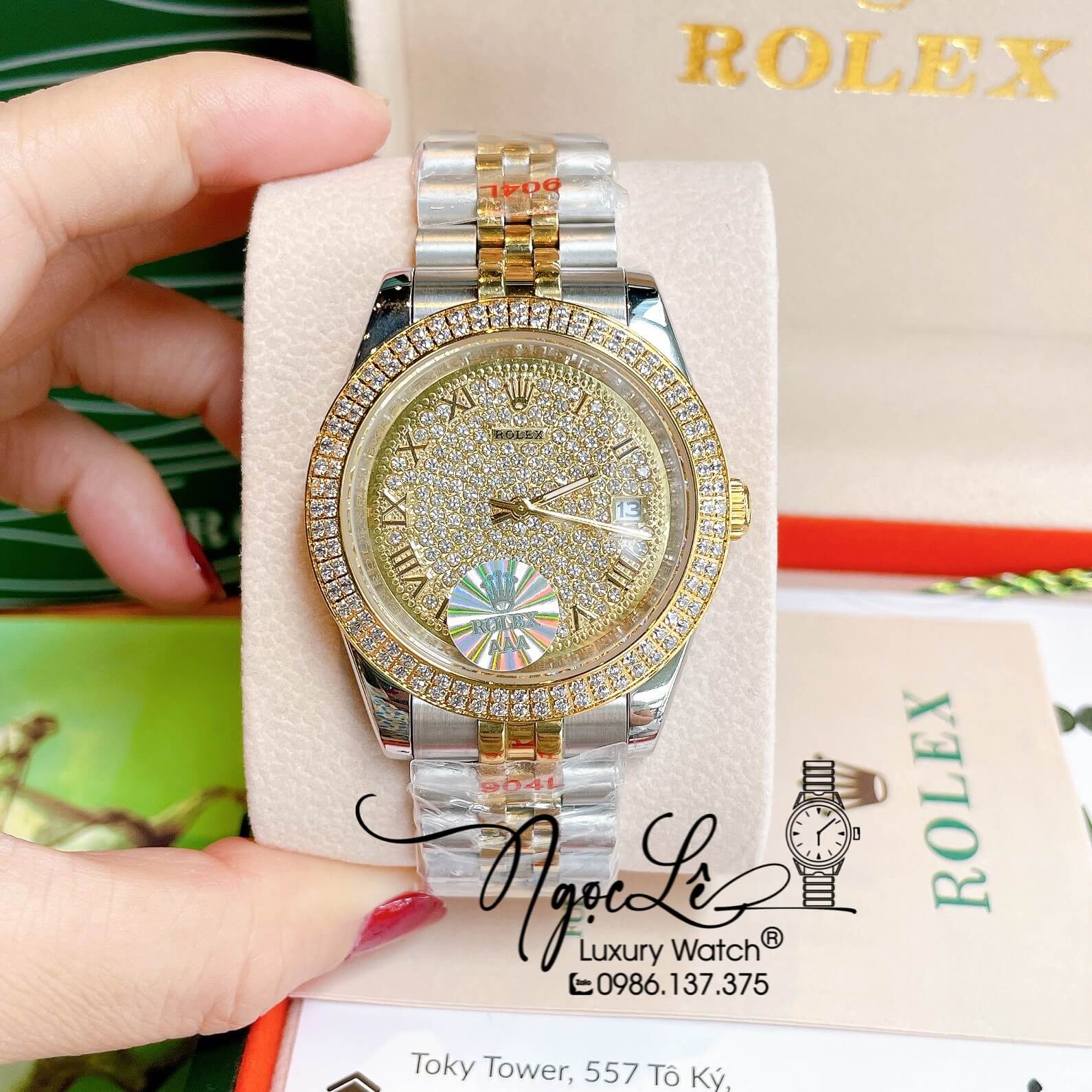 Đồng Hồ Nam Rolex Datejust Pin Dây Kim Loại Demi Vàng Mặt Đính Đá Size 41mm
