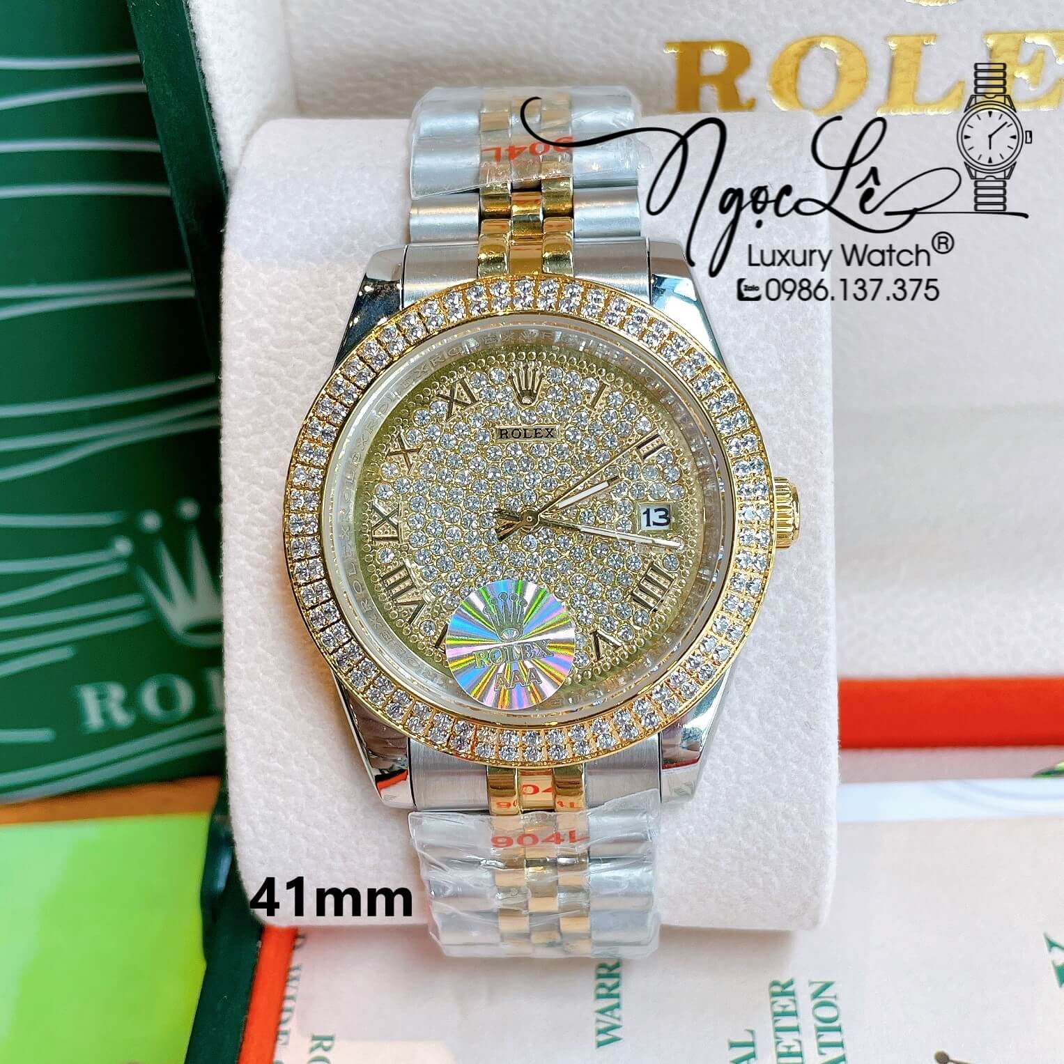 Đồng Hồ Nam Rolex Datejust Pin Dây Kim Loại Demi Vàng Mặt Đính Đá Size 41mm