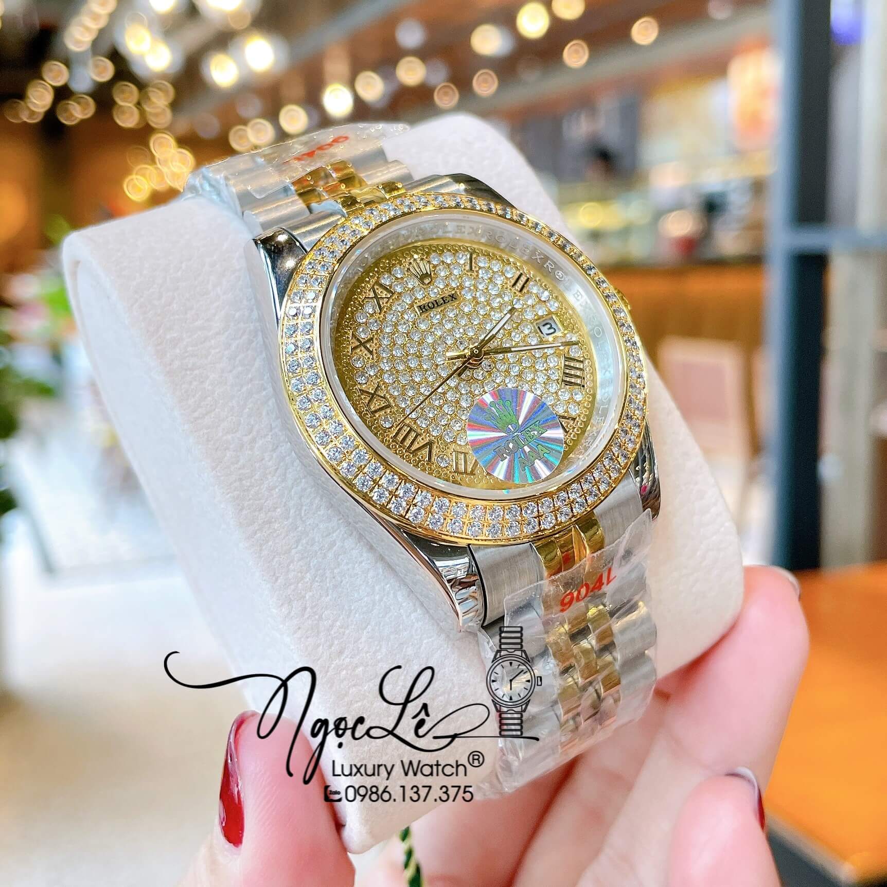 Đồng Hồ Nam Rolex Datejust Pin Dây Kim Loại Demi Vàng Mặt Đính Đá Size 41mm