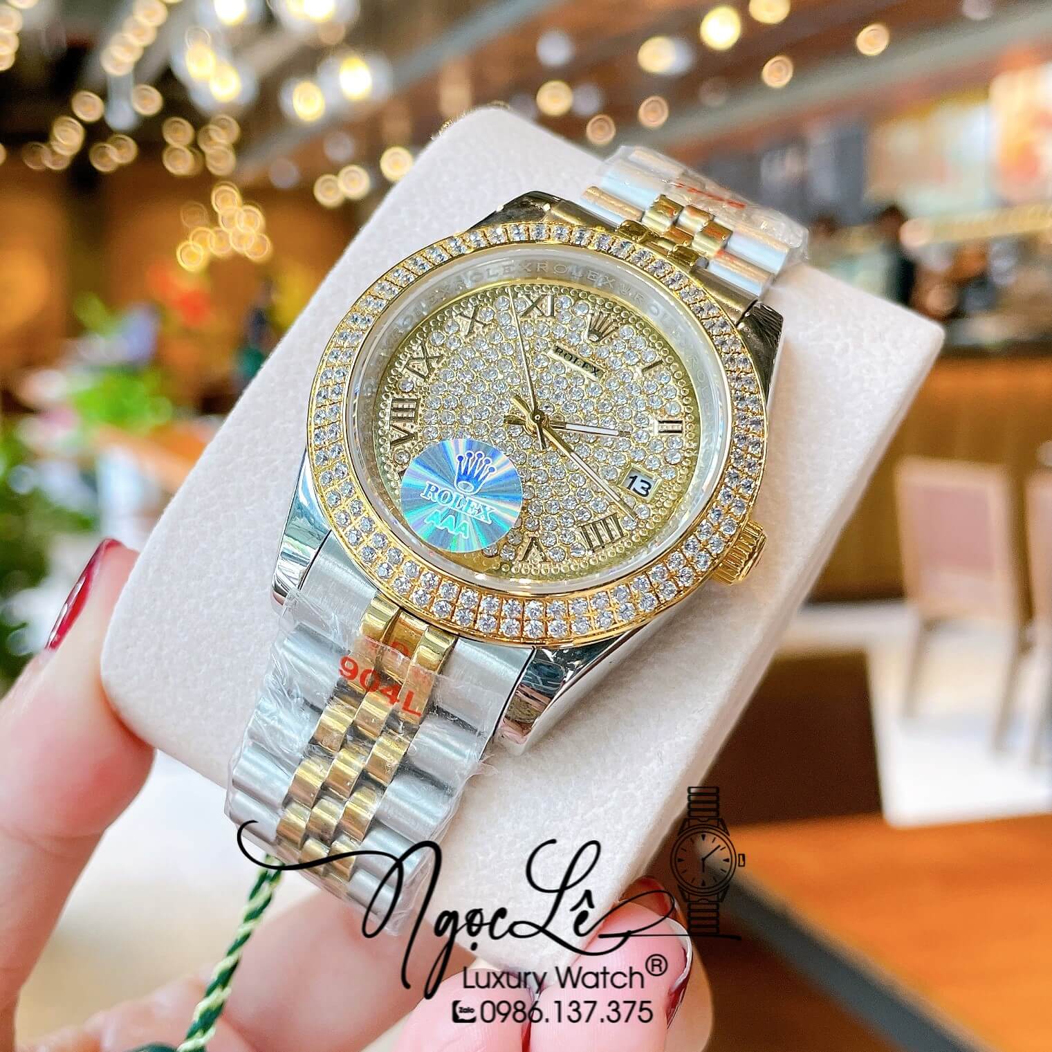 Đồng Hồ Nam Rolex Datejust Pin Dây Kim Loại Demi Vàng Mặt Đính Đá Size 41mm