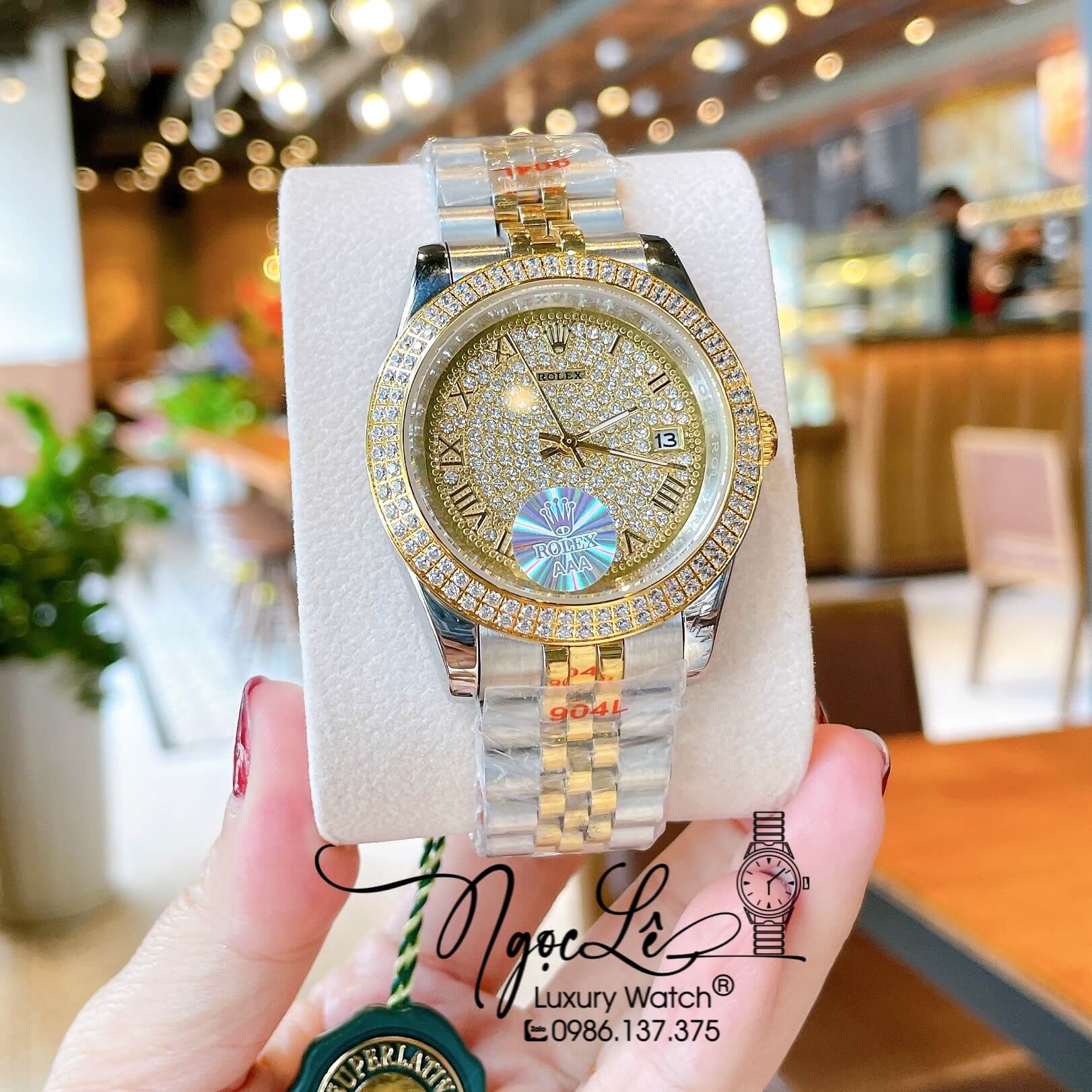 Đồng Hồ Nam Rolex Datejust Pin Dây Kim Loại Demi Vàng Mặt Đính Đá Size 41mm
