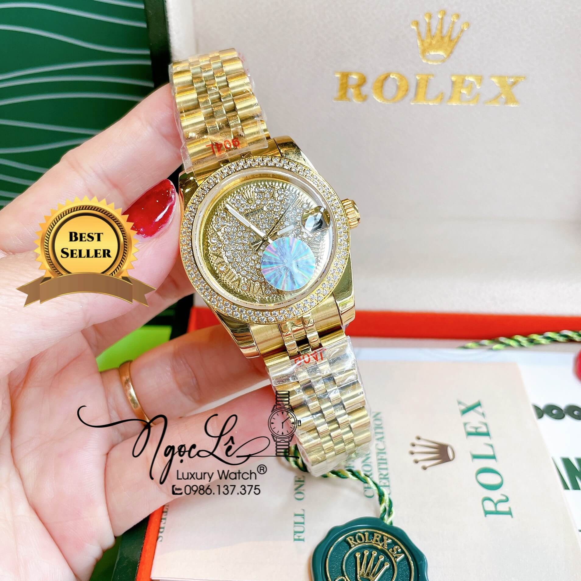 Đồng Hồ Rolex Datejust Nữ Máy Pin Dây Kim Loại Màu Vàng Đính Đá Size 31mm