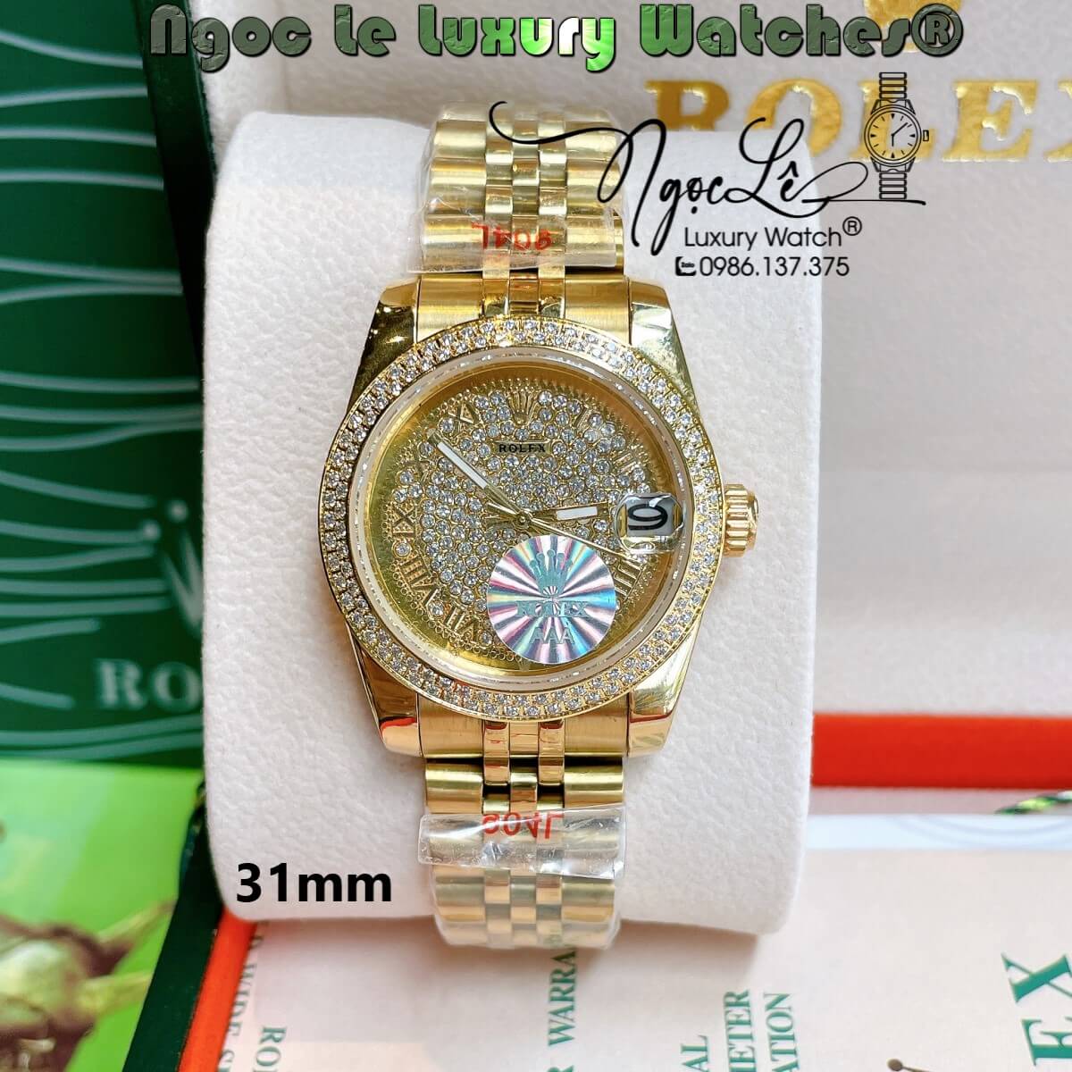 Đồng Hồ Rolex Datejust Nữ Máy Pin Dây Kim Loại Màu Vàng Đính Đá Size 31mm