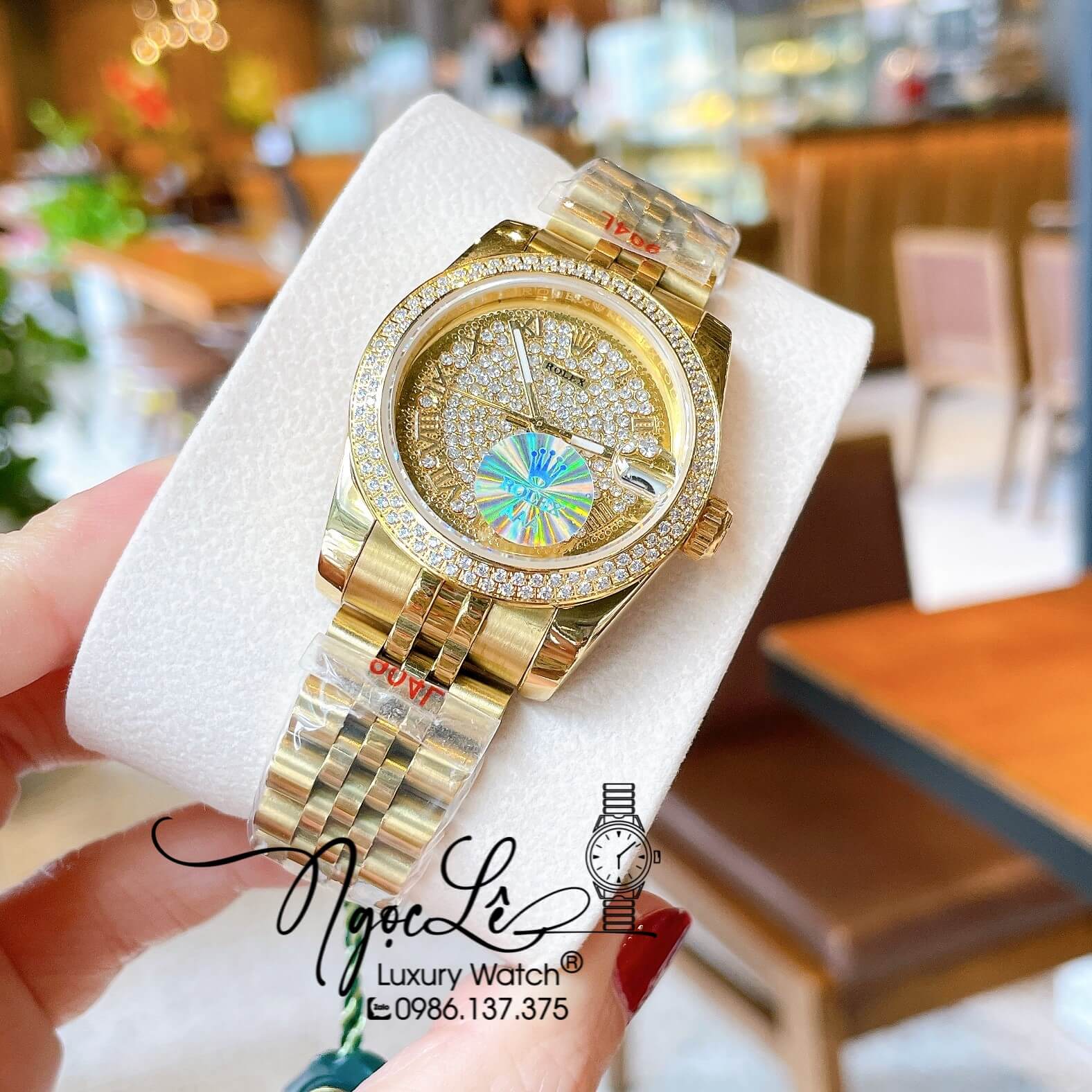 Đồng Hồ Rolex Datejust Nữ Máy Pin Dây Kim Loại Màu Vàng Đính Đá Size 31mm