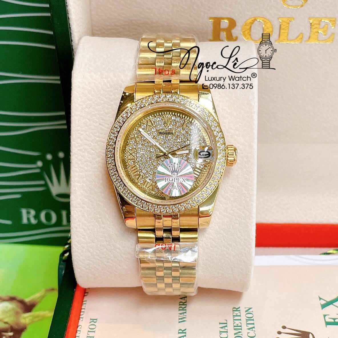 Đồng Hồ Rolex Datejust Nữ Máy Pin Dây Kim Loại Màu Vàng Đính Đá Size 31mm