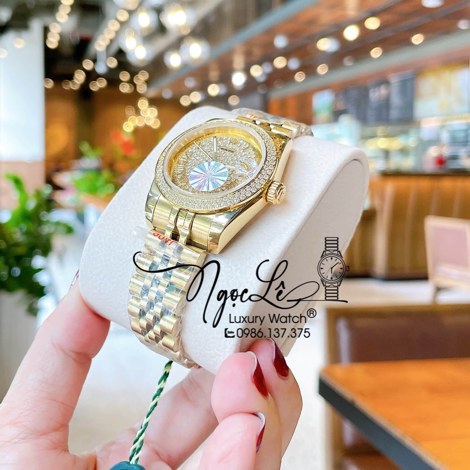Đồng Hồ Rolex Datejust Nữ Máy Pin Dây Kim Loại Màu Vàng Đính Đá Size 31mm