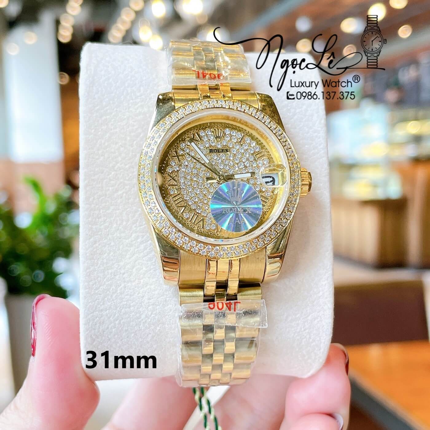 Đồng Hồ Rolex Datejust Nữ Máy Pin Dây Kim Loại Màu Vàng Đính Đá Size 31mm