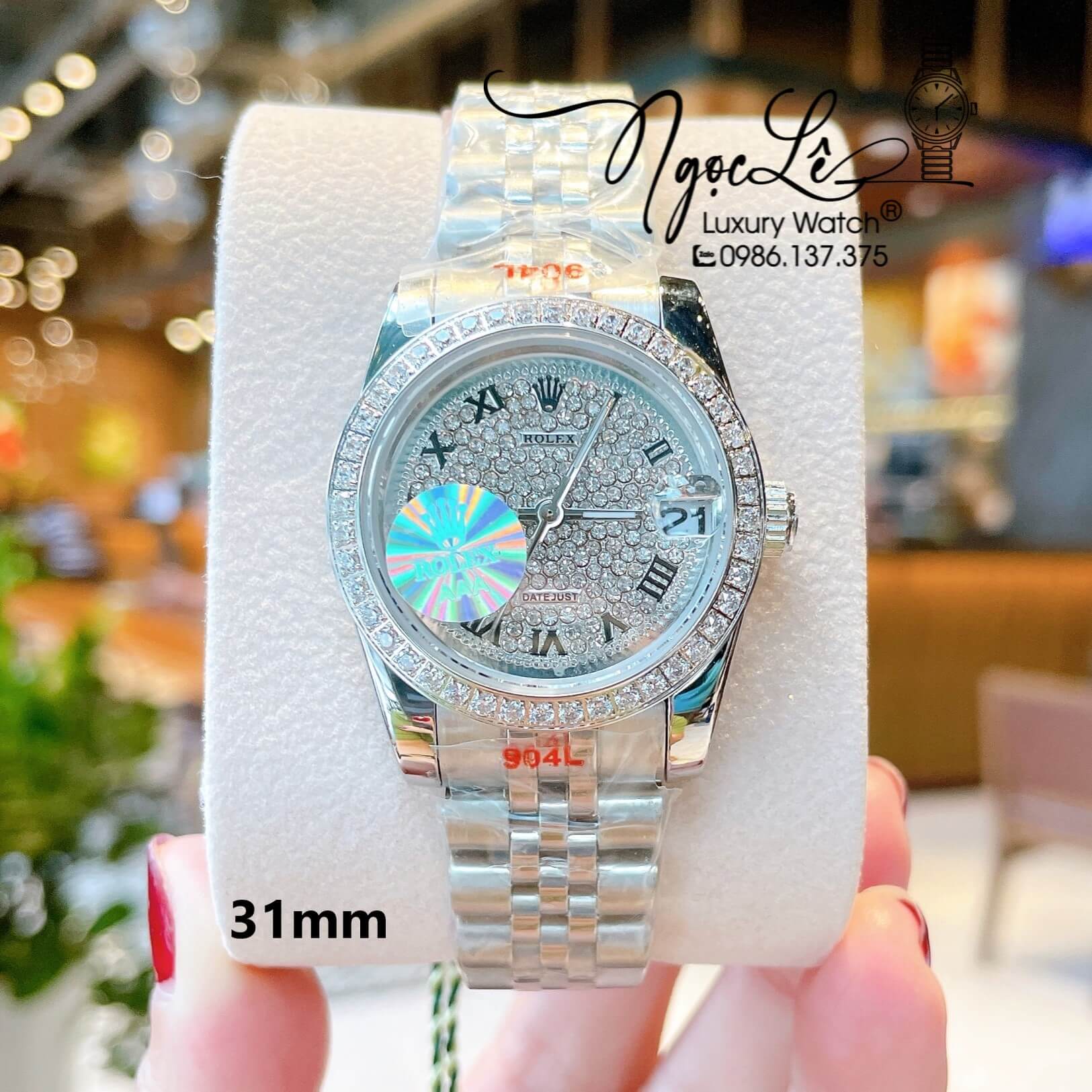 Đồng Hồ Rolex Datejust Nữ Máy Pin Dây Màu Bạc Đính Đá Size 31mm Mặt Số La Mã