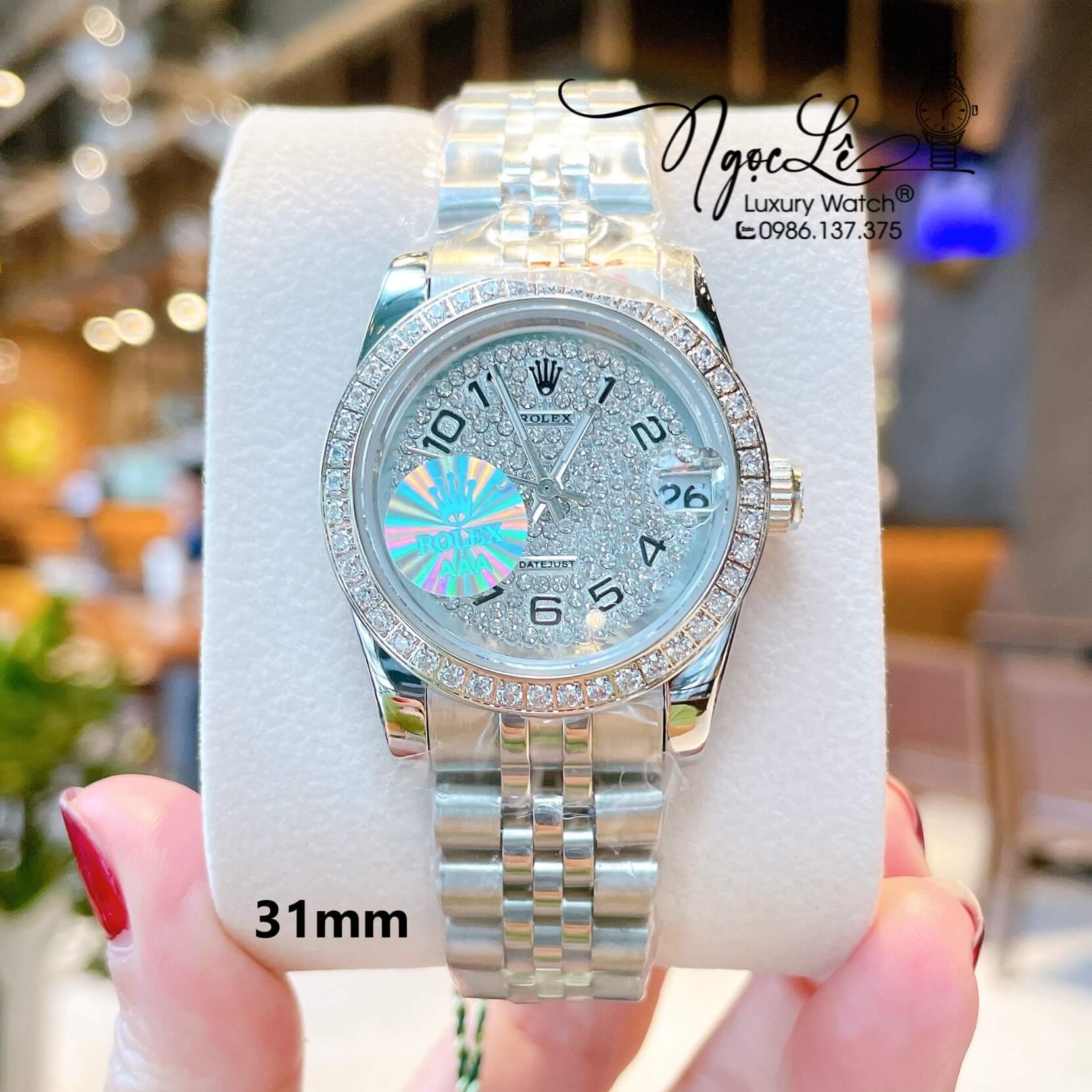 Đồng Hồ Rolex Datejust Nữ Máy Pin Dây Màu Bạc Đính Đá Size 31mm Mặt Số Đen