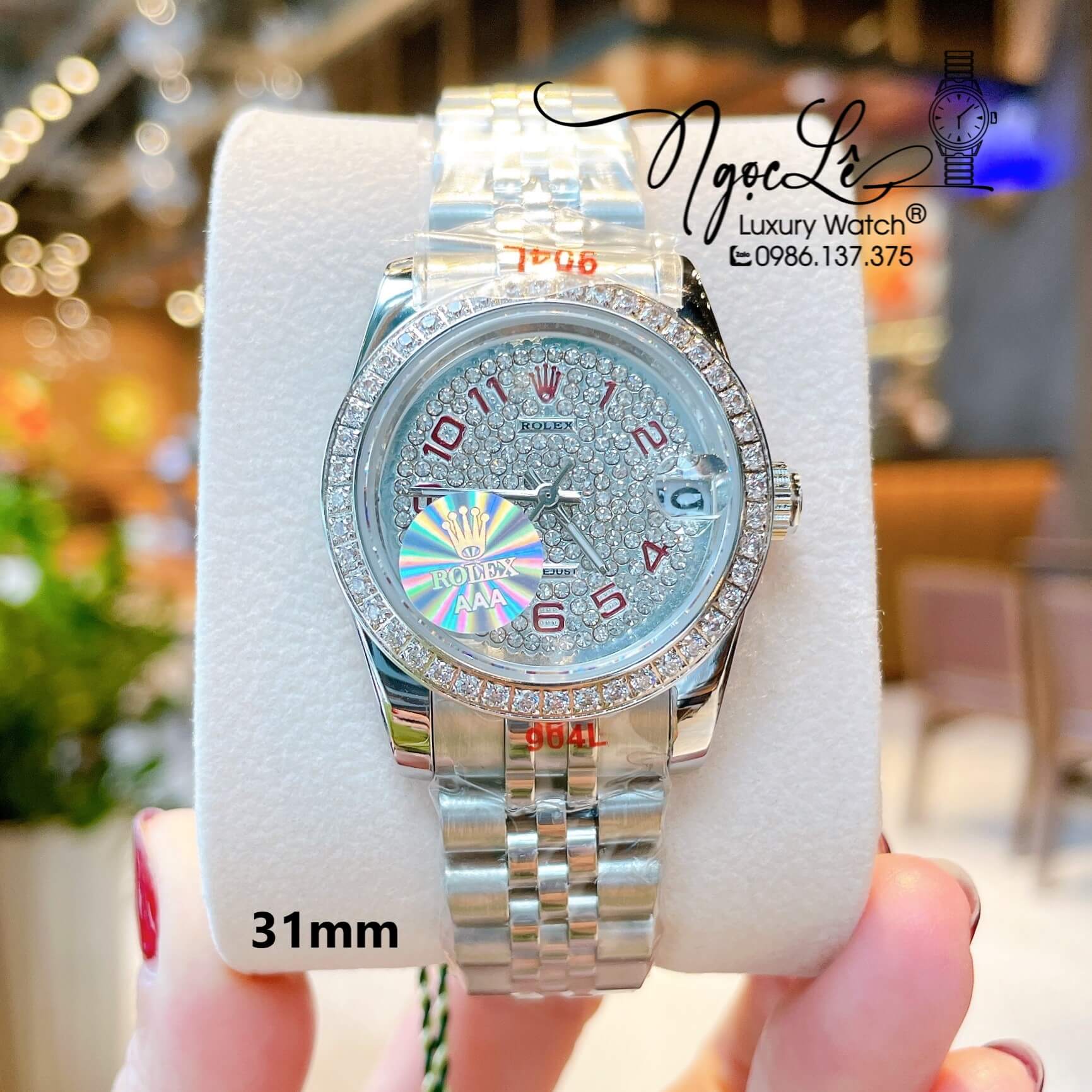Đồng Hồ Rolex Datejust Nữ Máy Pin Dây Màu Bạc Đính Đá Size 31mm Mặt Số Đỏ