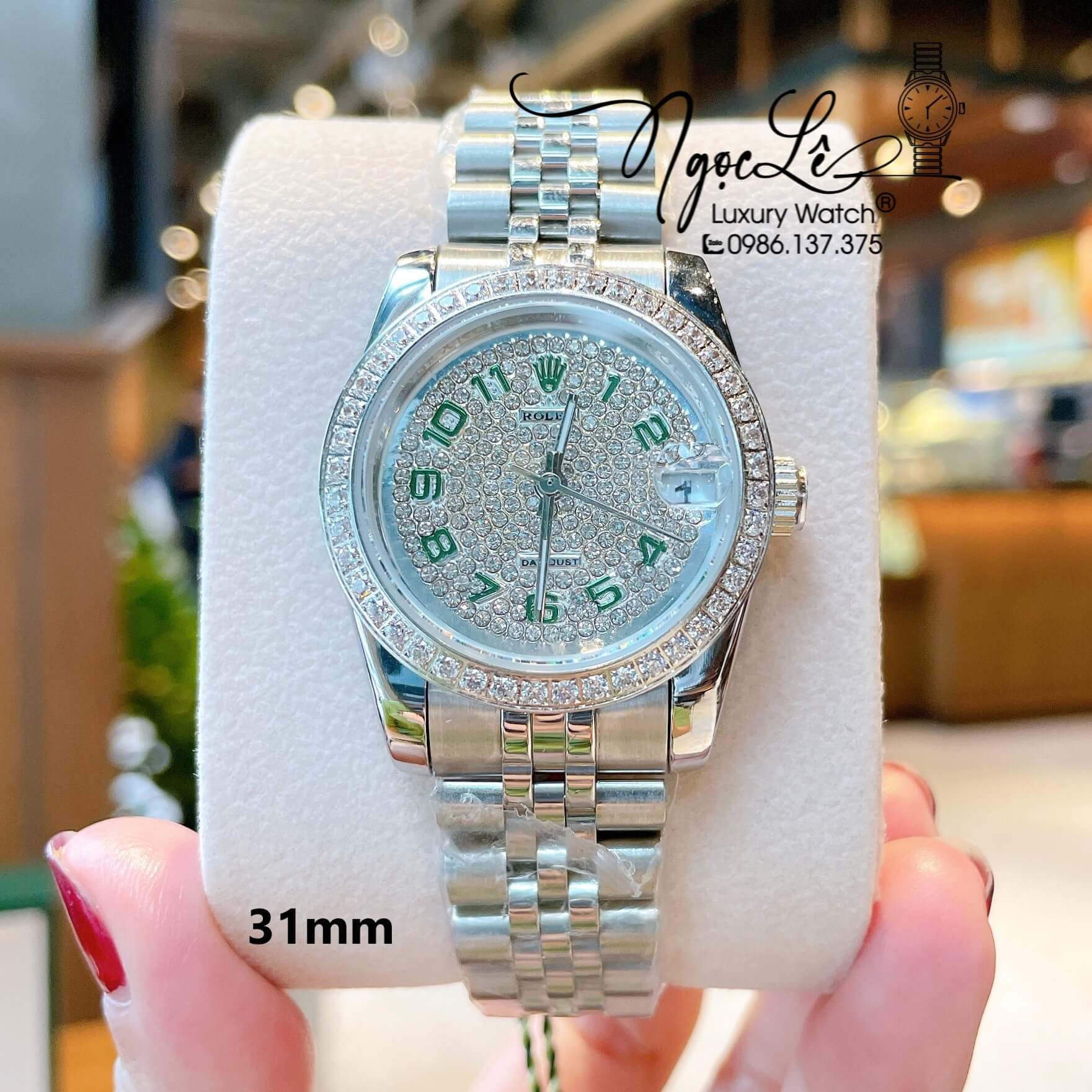 Đồng Hồ Rolex Datejust Nữ Máy Pin Dây Màu Bạc Đính Đá Size 31mm Mặt Số Xanh