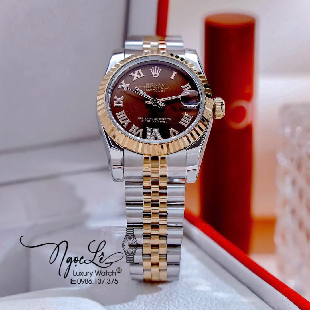 Đồng Hồ Nữ Rolex Datejust Pin Dây Kim Loại Demi Vàng Hồng Mặt Nâu Size 31mm