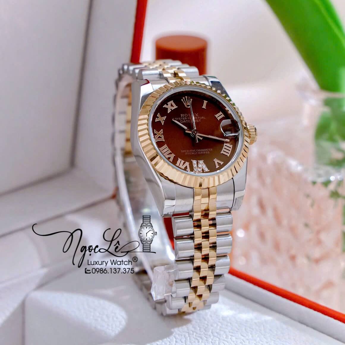 Đồng Hồ Nữ Rolex Datejust Pin Dây Kim Loại Demi Vàng Hồng Mặt Nâu Size 31mm