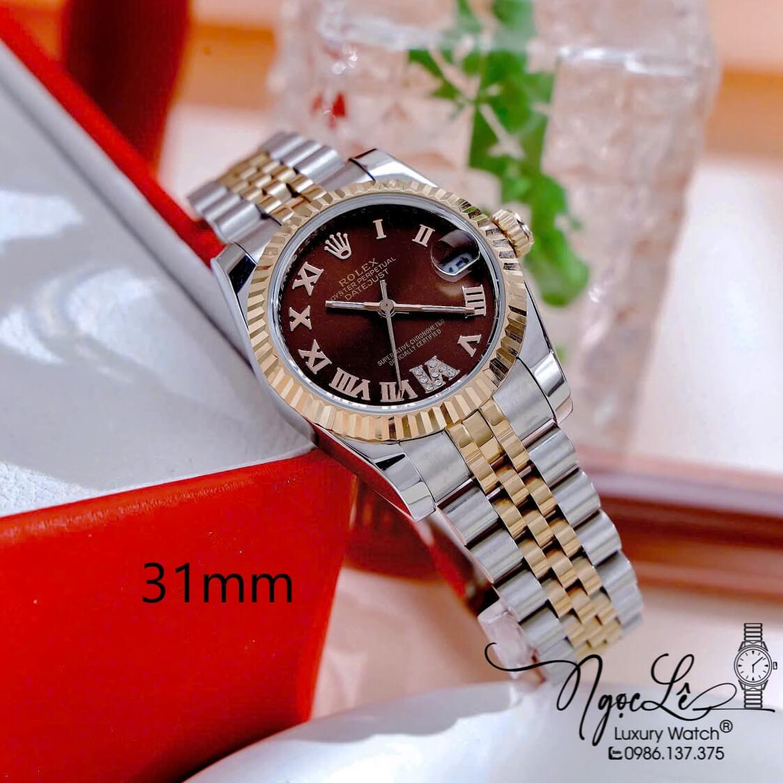 Đồng Hồ Nữ Rolex Datejust Pin Dây Kim Loại Demi Vàng Hồng Mặt Nâu Size 31mm