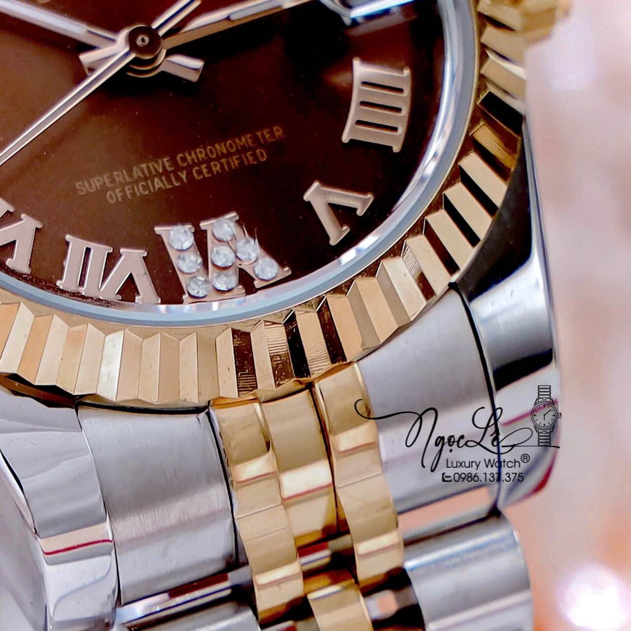 Đồng Hồ Nữ Rolex Datejust Pin Dây Kim Loại Demi Vàng Hồng Mặt Nâu Size 31mm