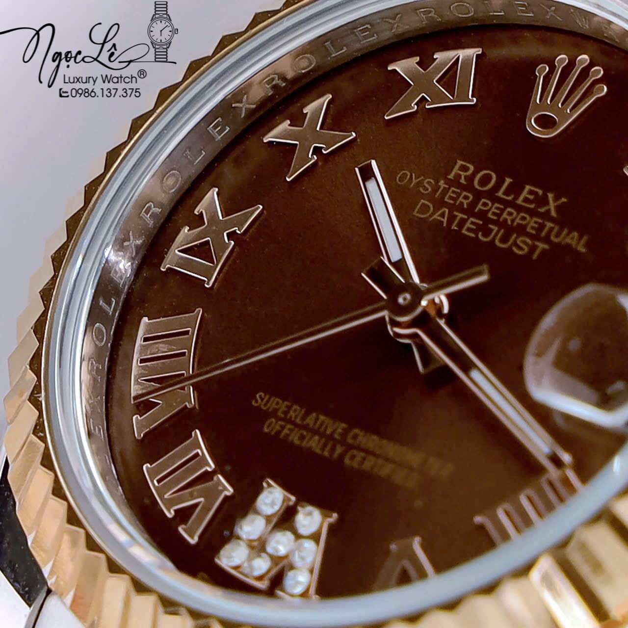 Đồng Hồ Nữ Rolex Datejust Pin Dây Kim Loại Demi Vàng Hồng Mặt Nâu Size 31mm