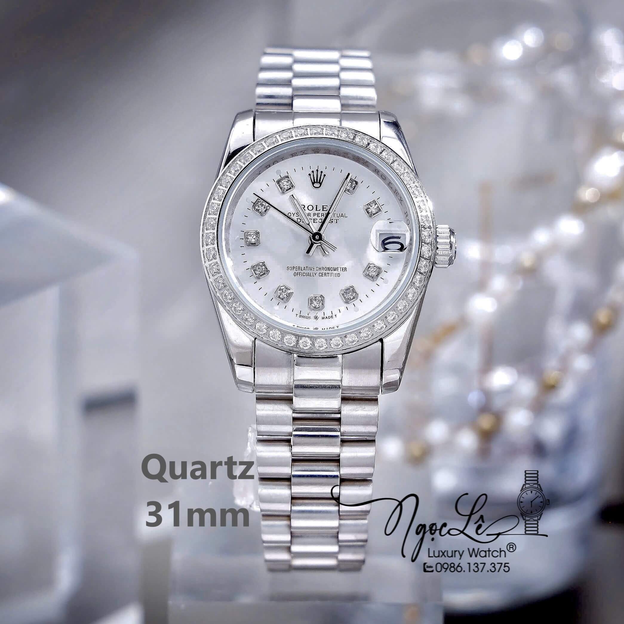Đồng Hồ Nữ Rolex Datejust Máy Pin Dây Kim Bạc Mặt Trắng Đính Đá Size 31mm