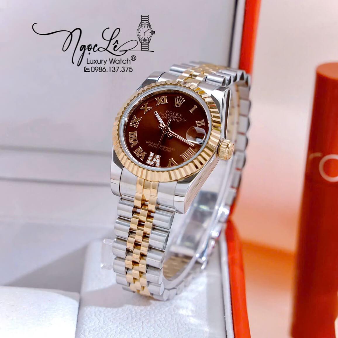 Đồng Hồ Nữ Rolex Datejust Pin Dây Kim Loại Demi Vàng Hồng Mặt Nâu Size 31mm