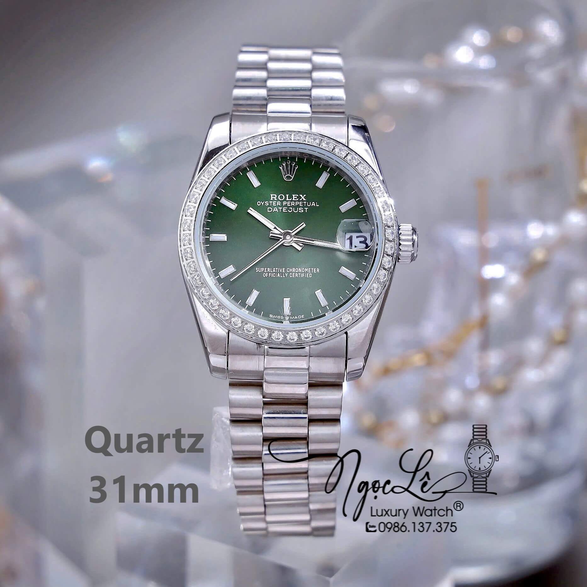 Đồng Hồ Nữ Rolex Datejust Máy Pin Dây Kim Loại Bạc Mặt Xanh Oliu Đính Đá Size 31mm