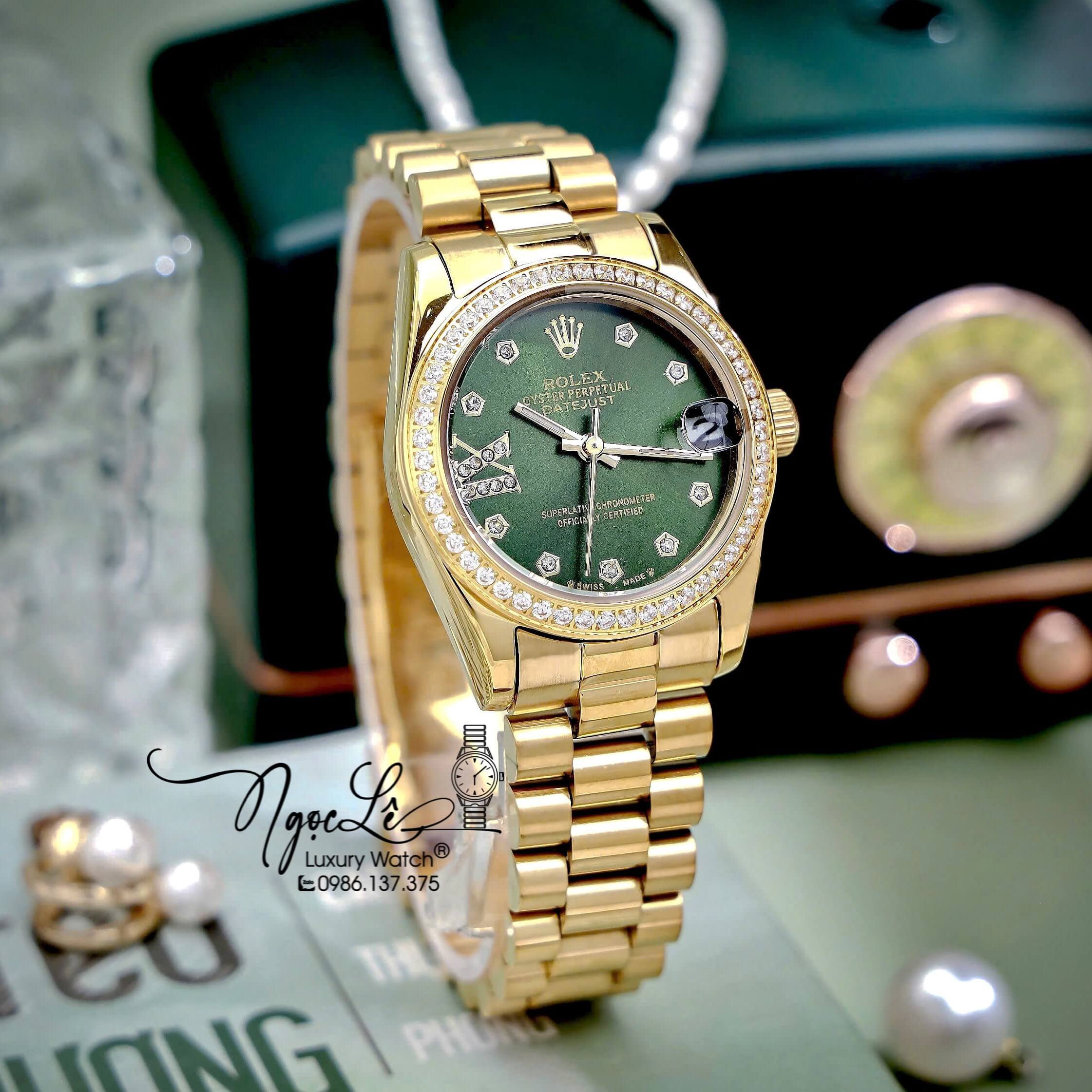 Đồng Hồ Nữ Rolex Datejust Máy Pin Dây Kim Vàng Mặt Xanh Oliu Đính Đá Size 31mm