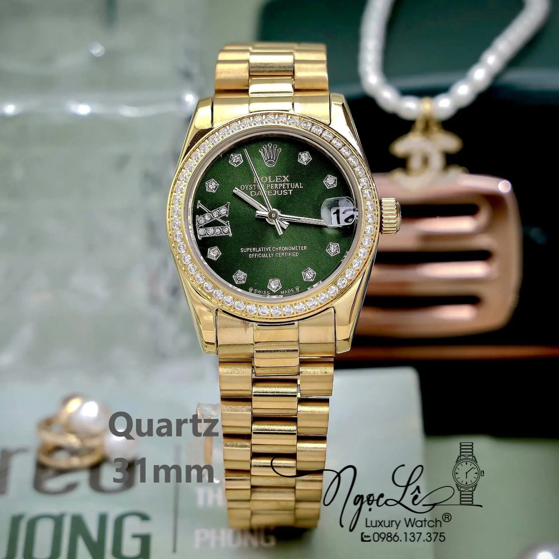 Đồng Hồ Nữ Rolex Datejust Máy Pin Dây Kim Vàng Mặt Xanh Oliu Đính Đá Size 31mm
