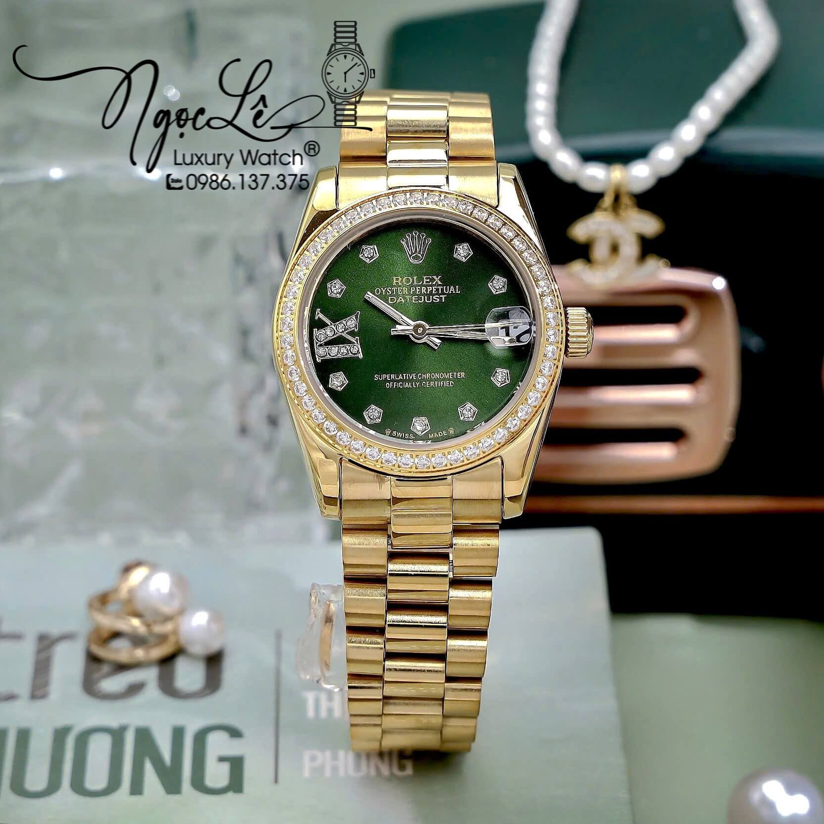 Đồng Hồ Nữ Rolex Datejust Máy Pin Dây Kim Vàng Mặt Xanh Oliu Đính Đá Size 31mm