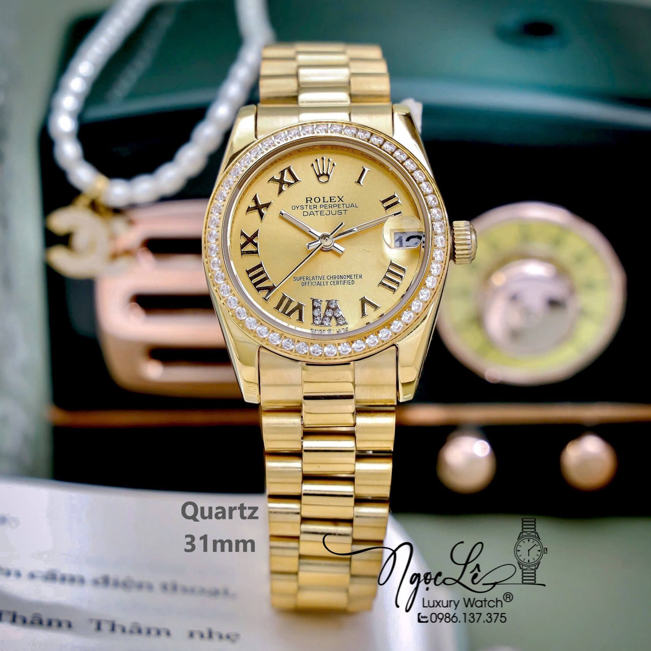 Đồng Hồ Nữ Rolex Datejust Máy Pin Dây Kim Vàng Mặt Vàng Đính Đá Size 31mm