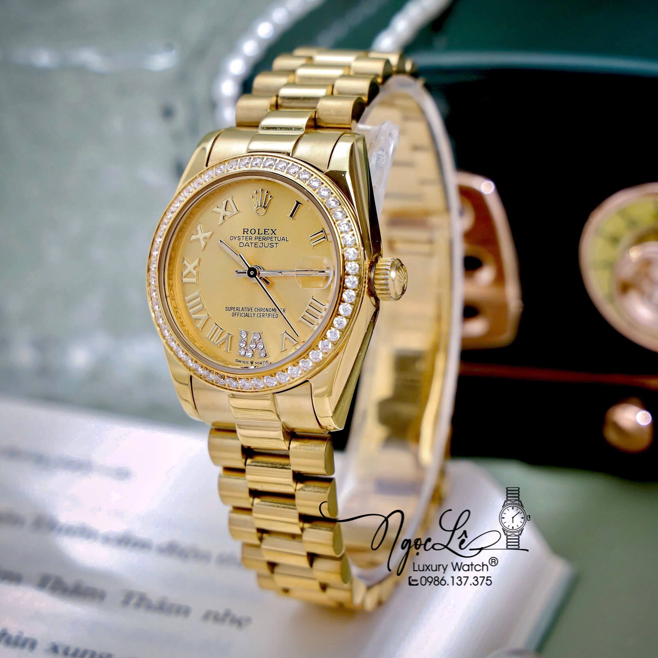 Đồng Hồ Nữ Rolex Datejust Máy Pin Dây Kim Vàng Mặt Vàng Đính Đá Size 31mm