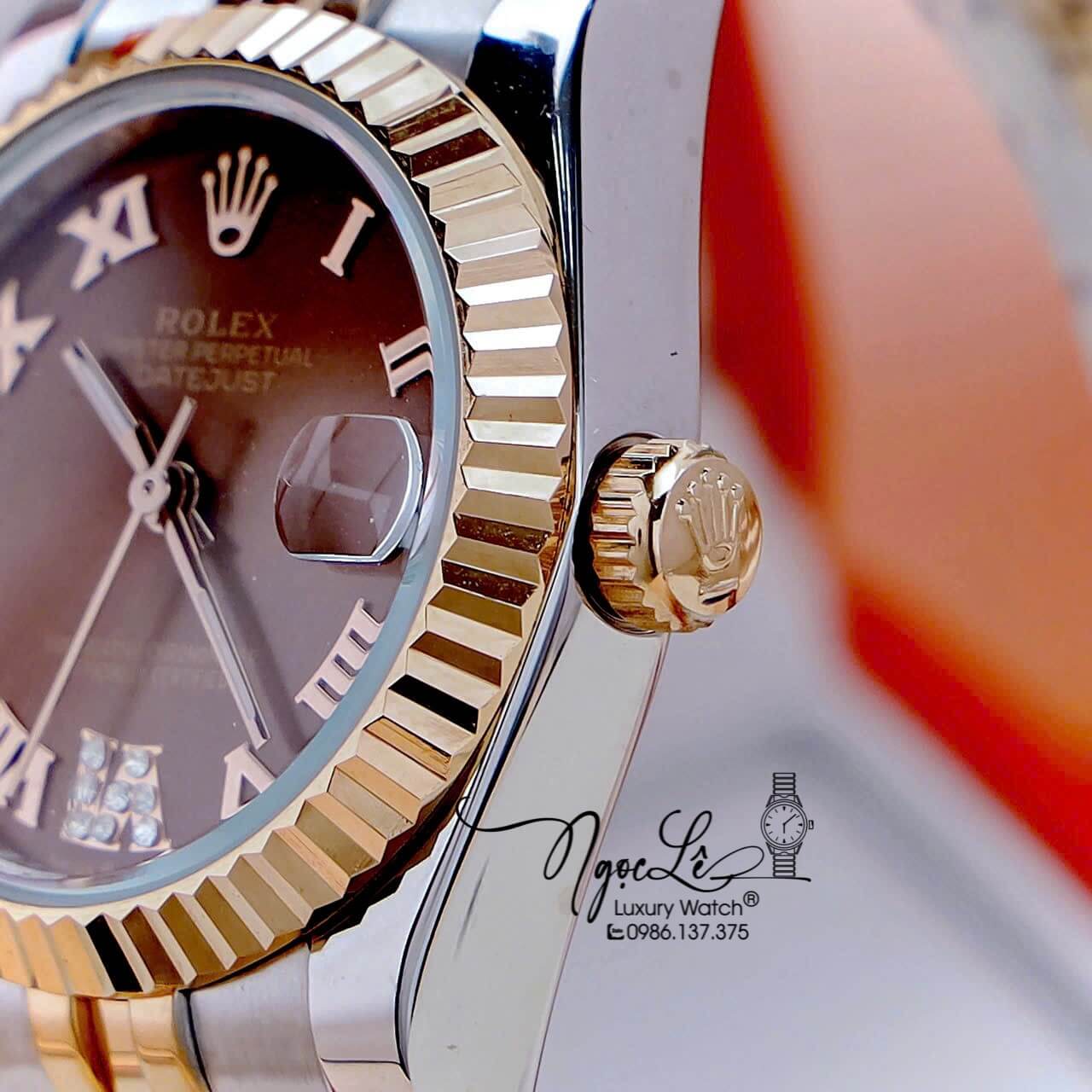 Đồng Hồ Nữ Rolex Datejust Pin Dây Kim Loại Demi Vàng Hồng Mặt Nâu Size 31mm