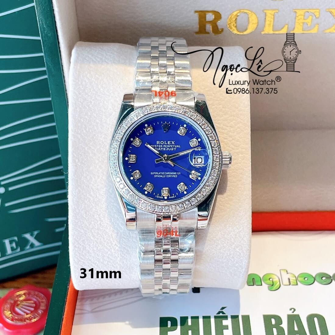 Đồng Hồ Nữ Rolex Datejust Quartz Dây Bạc Mặt Xanh Dương Size 31mm Đính Đá