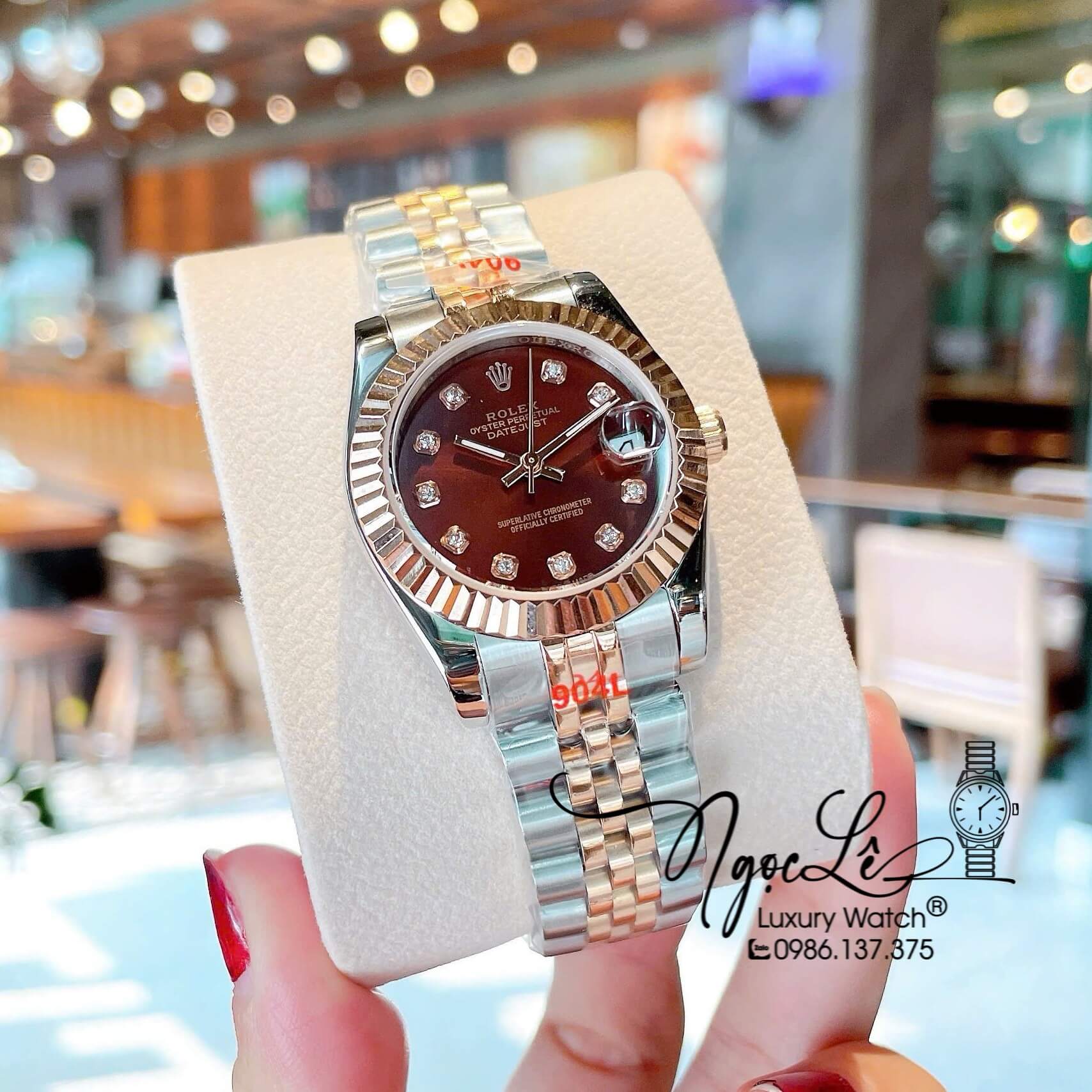 Đồng Hồ Nữ Rolex Datejust Quartz Dây Demi Vàng Hồng Mặt Nâu Size 31mm Kính Sapphire