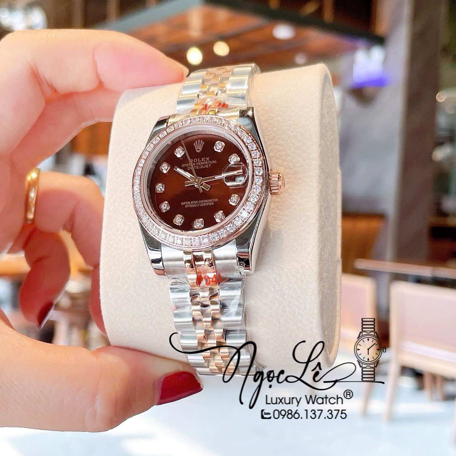 Đồng Hồ Nữ Rolex Datejust Quartz Dây Demi Vàng Hồng Mặt Nâu Size 31mm Đính Đá