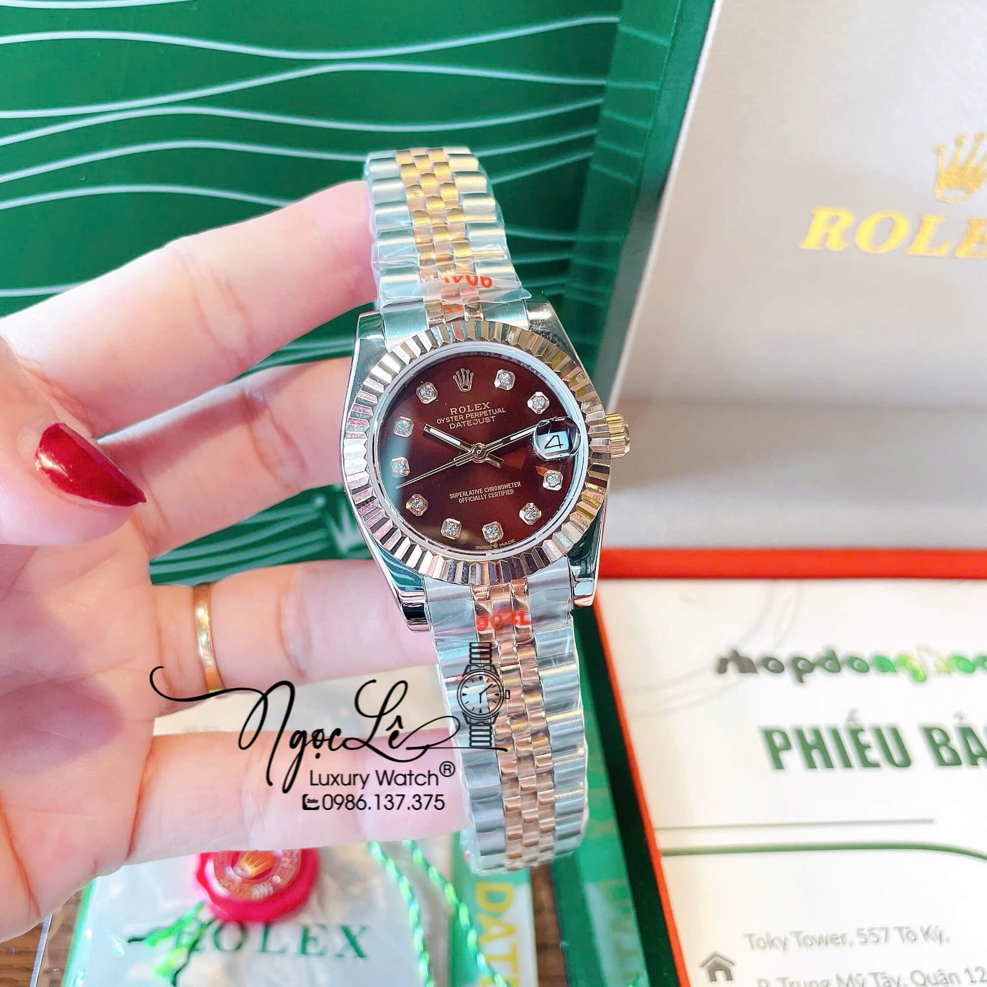 Đồng Hồ Nữ Rolex Datejust Quartz Dây Demi Vàng Hồng Mặt Nâu Size 31mm Kính Sapphire