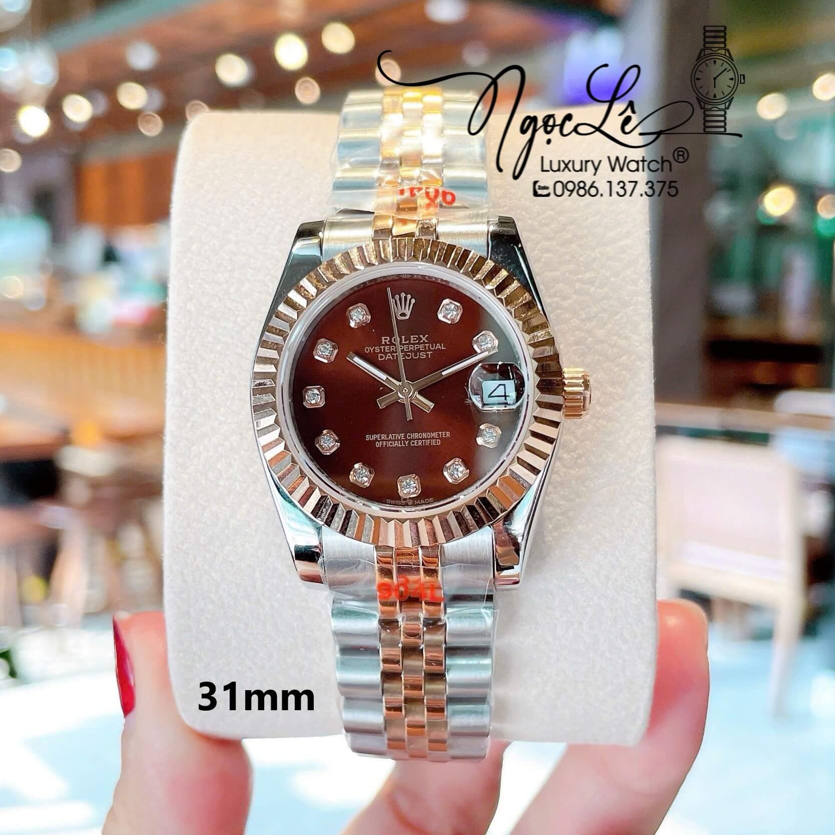 Đồng Hồ Nữ Rolex Datejust Quartz Dây Demi Vàng Hồng Mặt Nâu Size 31mm Kính Sapphire