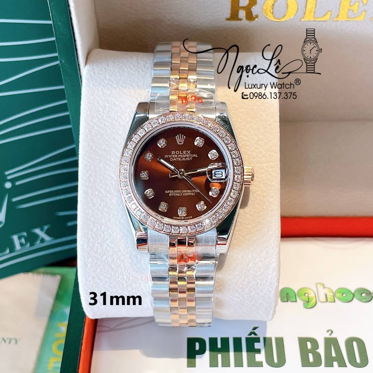 Đồng Hồ Nữ Rolex Datejust Quartz Dây Demi Vàng Hồng Mặt Nâu Size 31mm Đính Đá